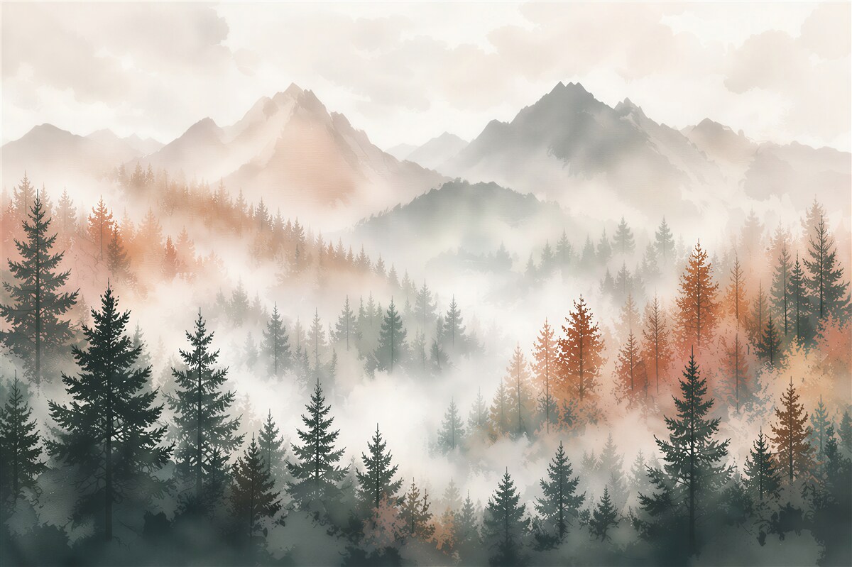 Papier peint forêt embrumée et montagnes en pastels beiges