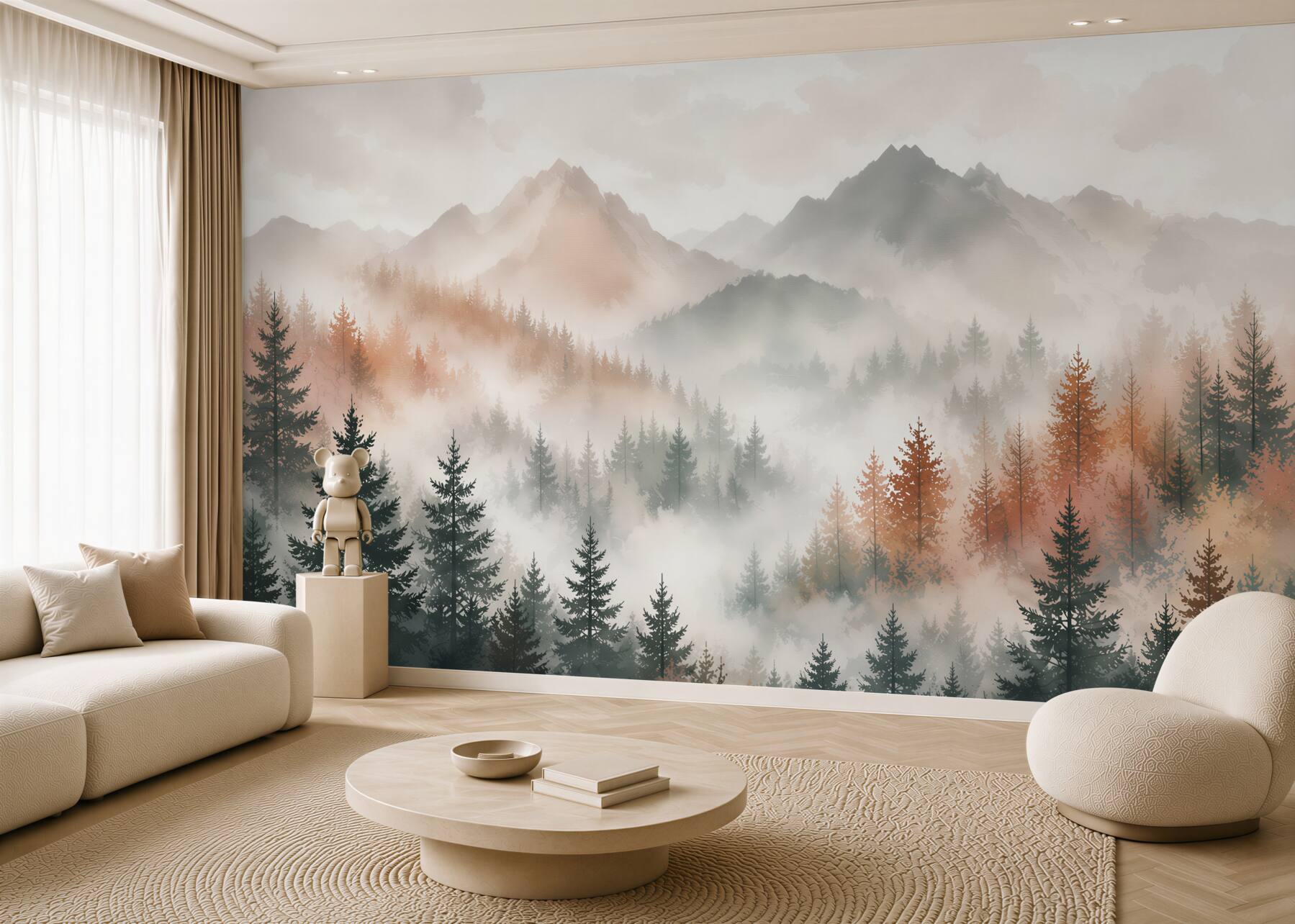 Papier peint forêt embrumée et montagnes en pastels beiges