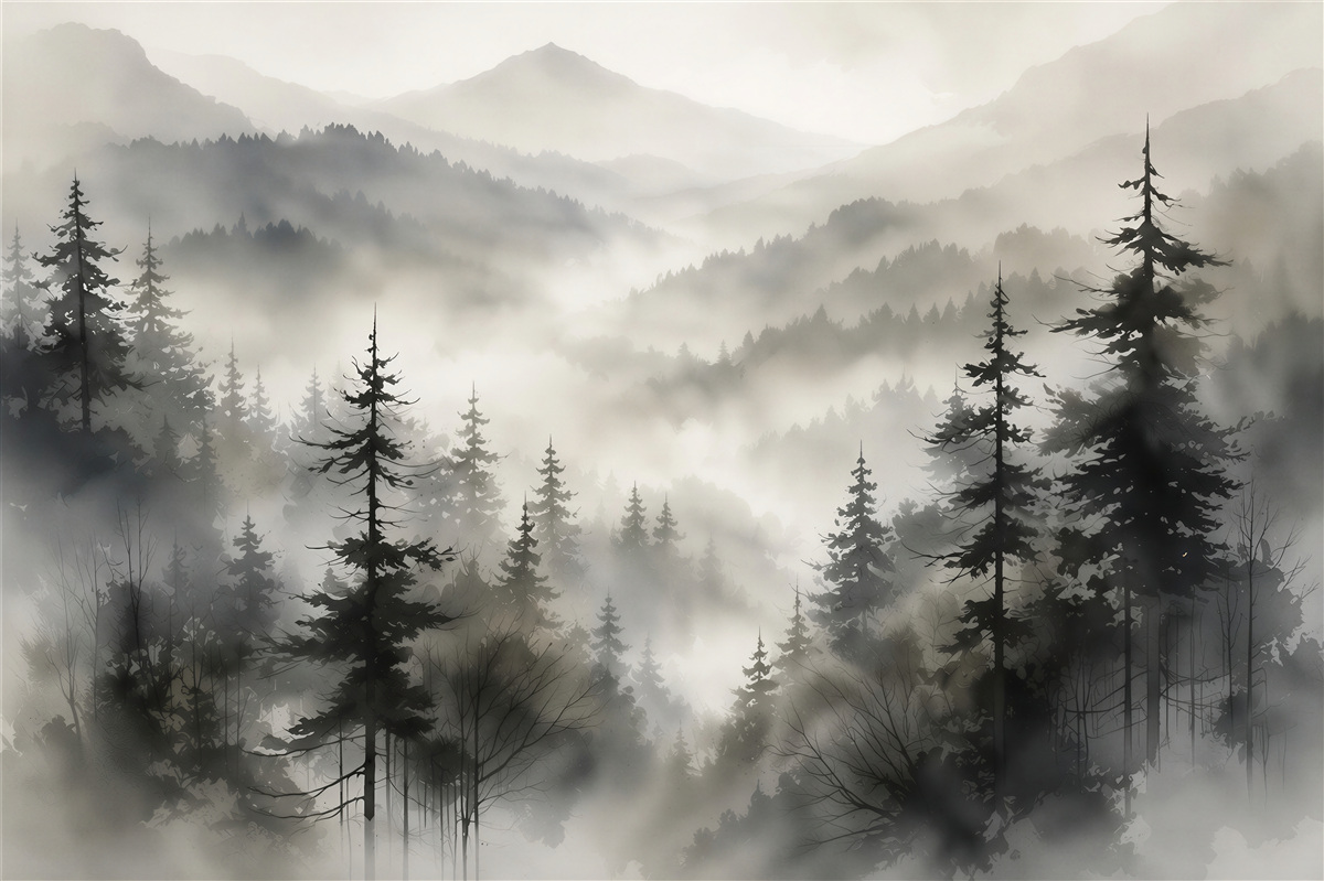 Papier peint collines montagneuses et forêt dans le brouillard paysage paisible