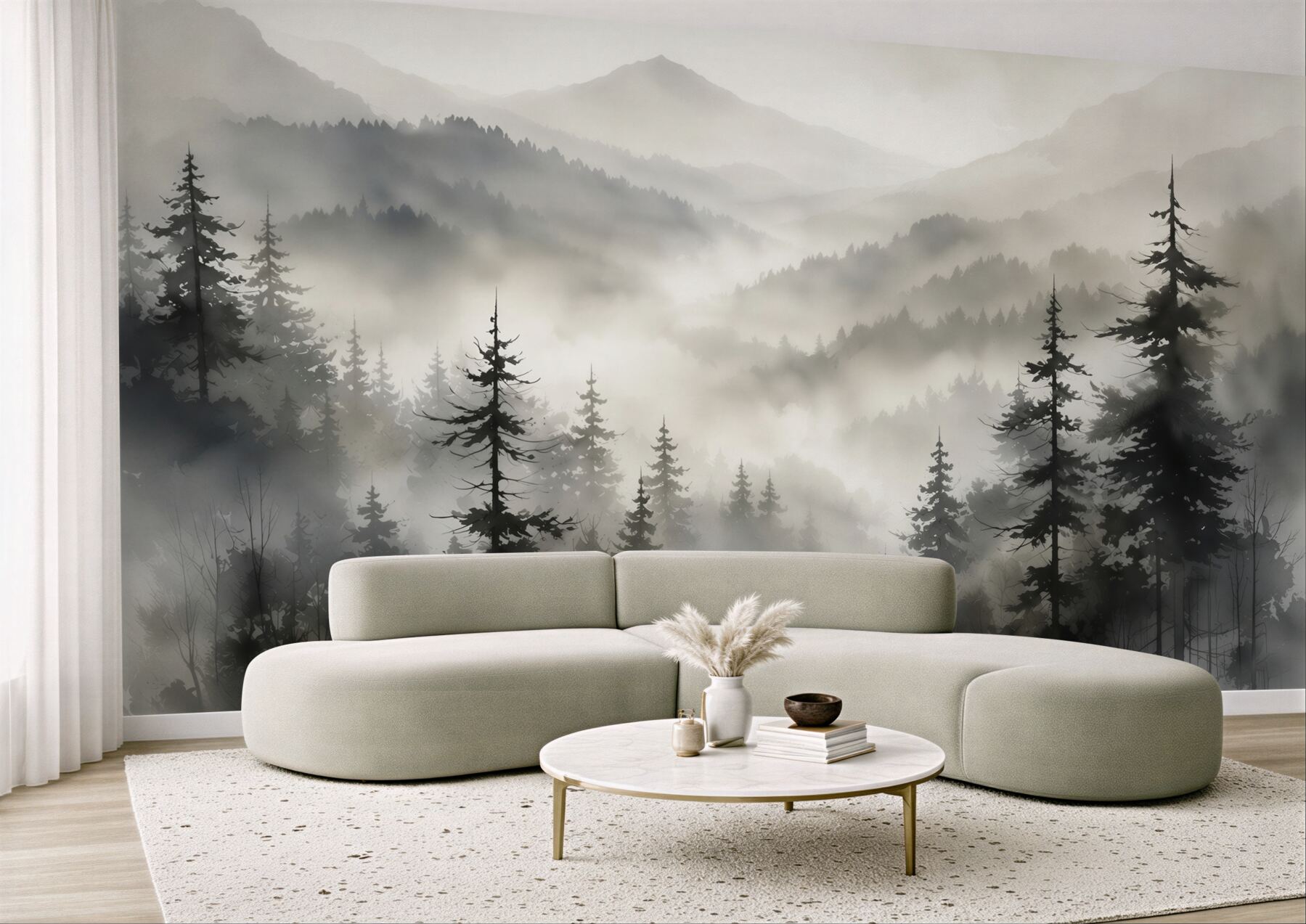 Papier peint collines montagneuses et forêt dans le brouillard paysage paisible
