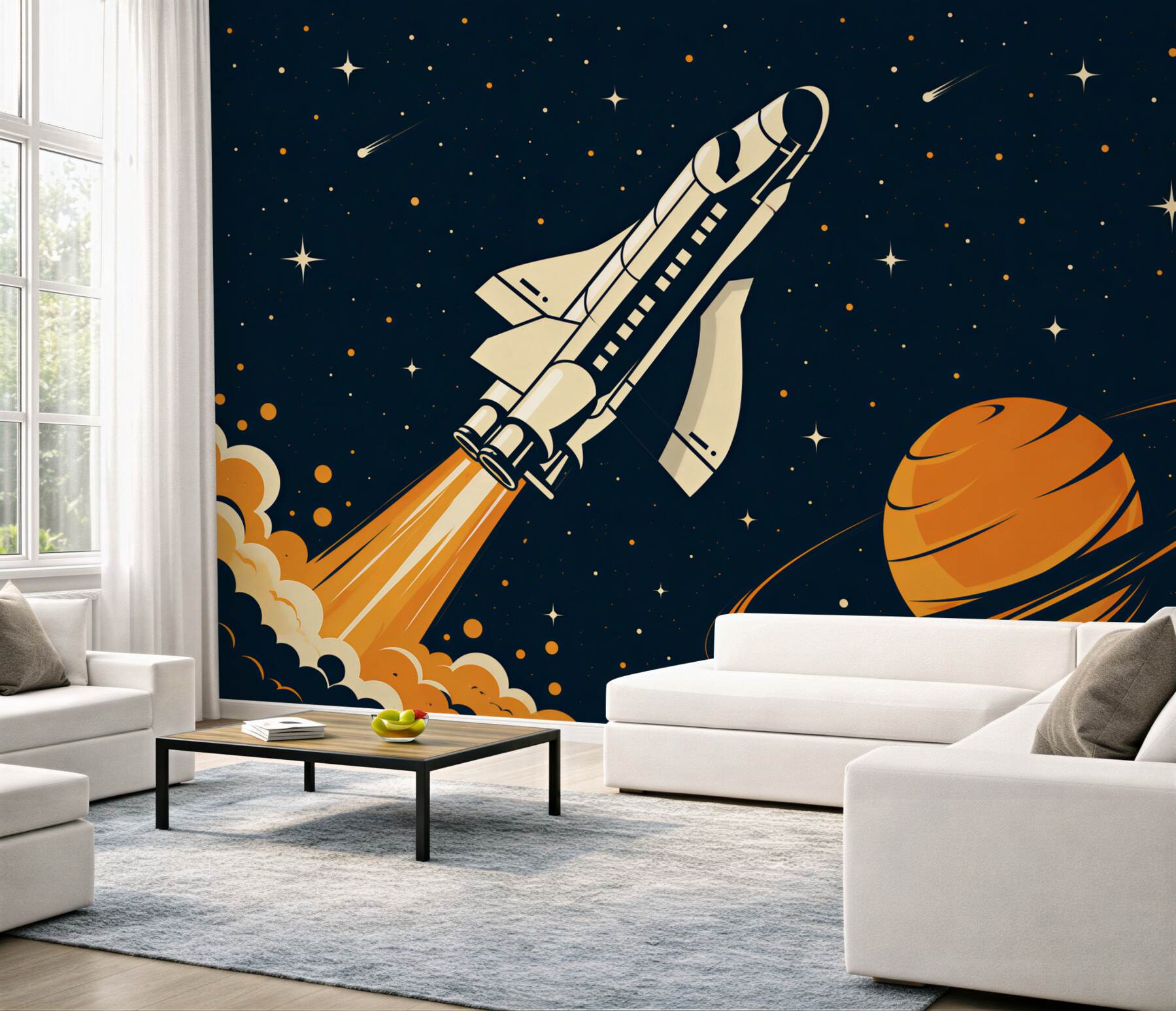 Papier peint La fusée vole sur une grande planète