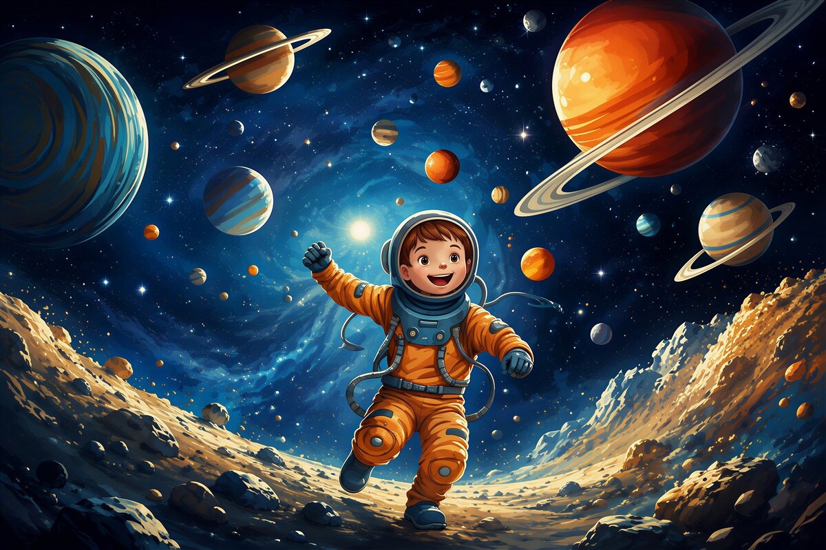 Papier peint Astronaute dans l'espace avec des planètes pour la chambre d'enfant