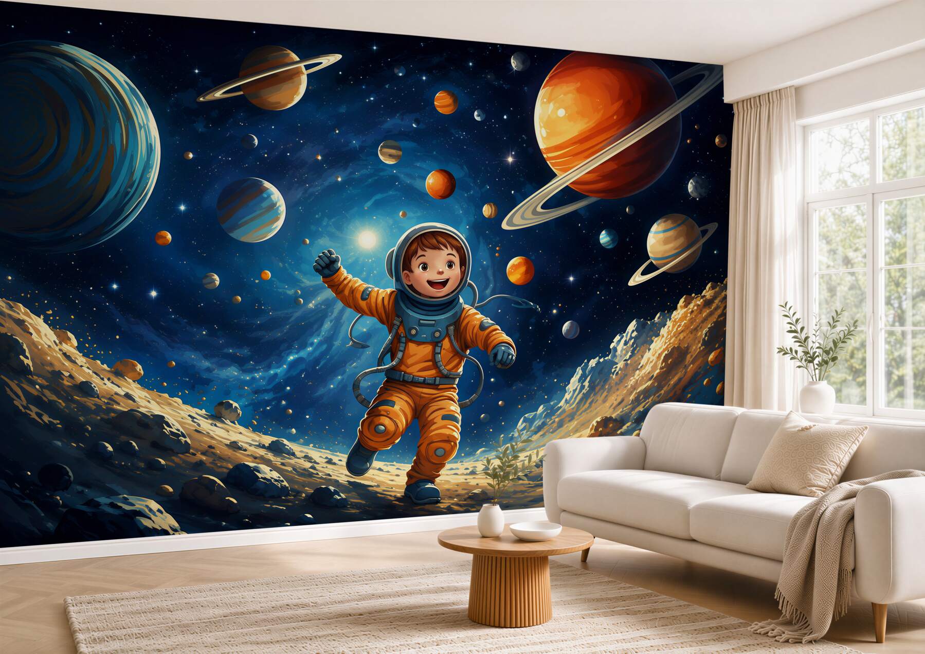 Papier peint Astronaute dans l'espace avec des planètes pour la chambre d'enfant