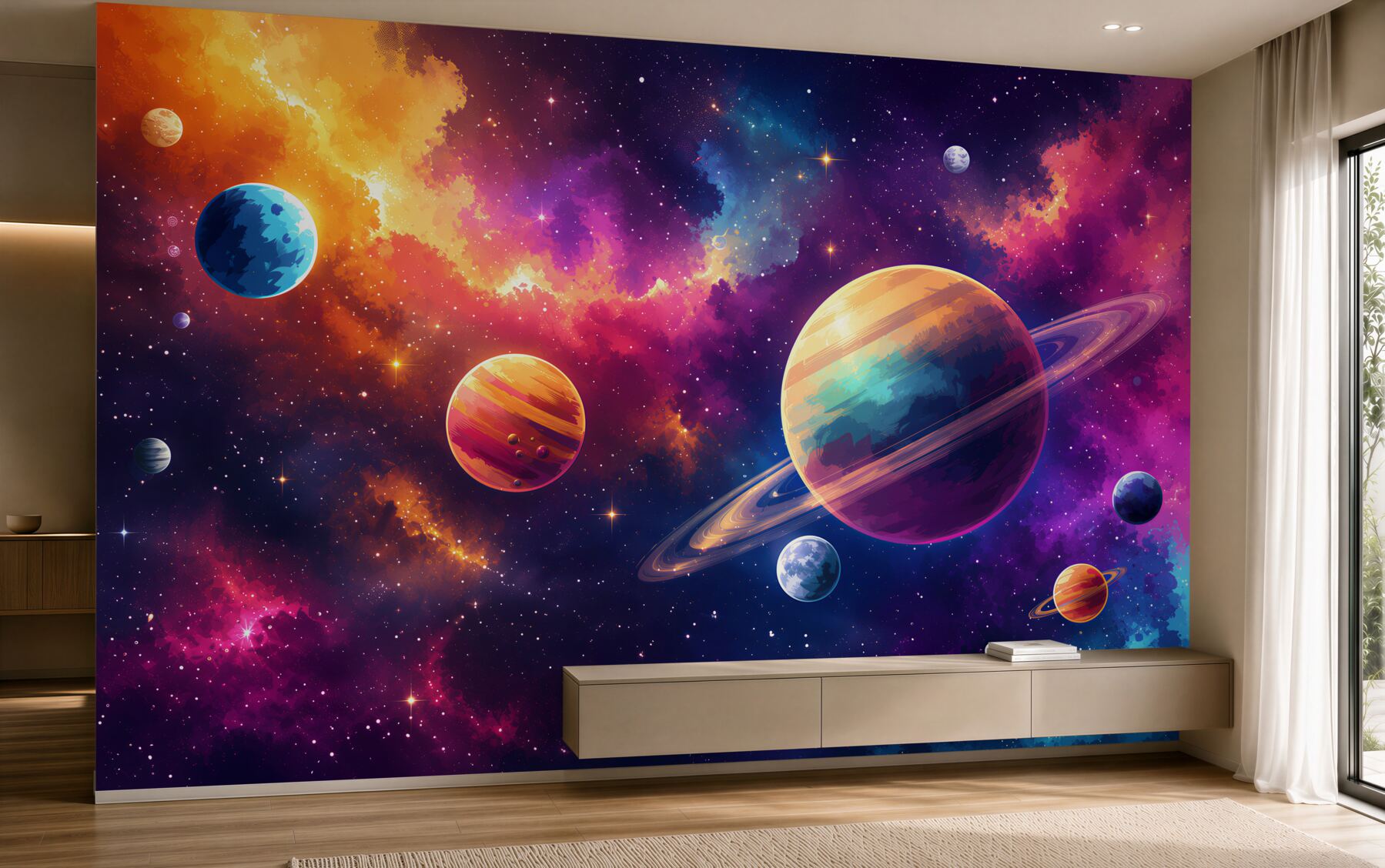 Papier peint planètes pastel dans les nuages du cosmos pour la chambre d'enfant
