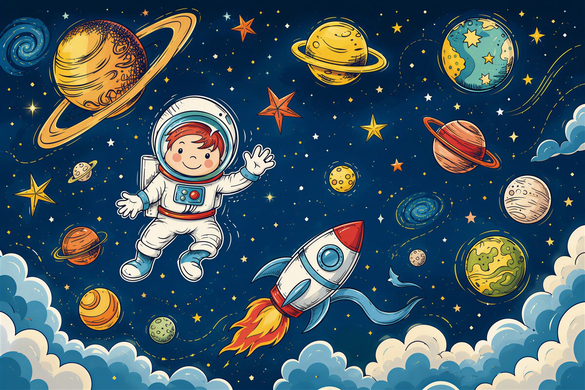 Papier peint garçon avec astronaute, fusée et planète