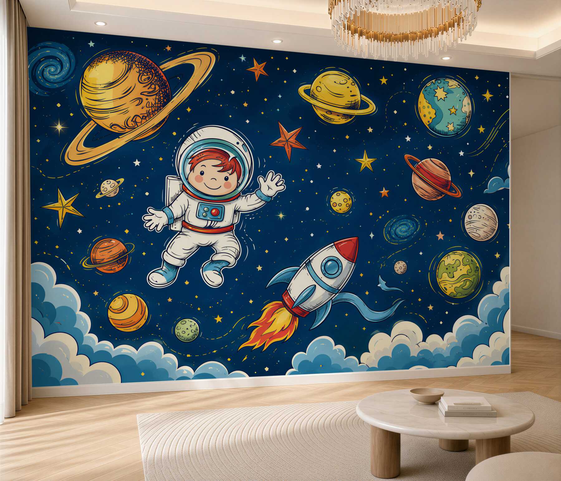 Papier peint garçon avec astronaute, fusée et planète