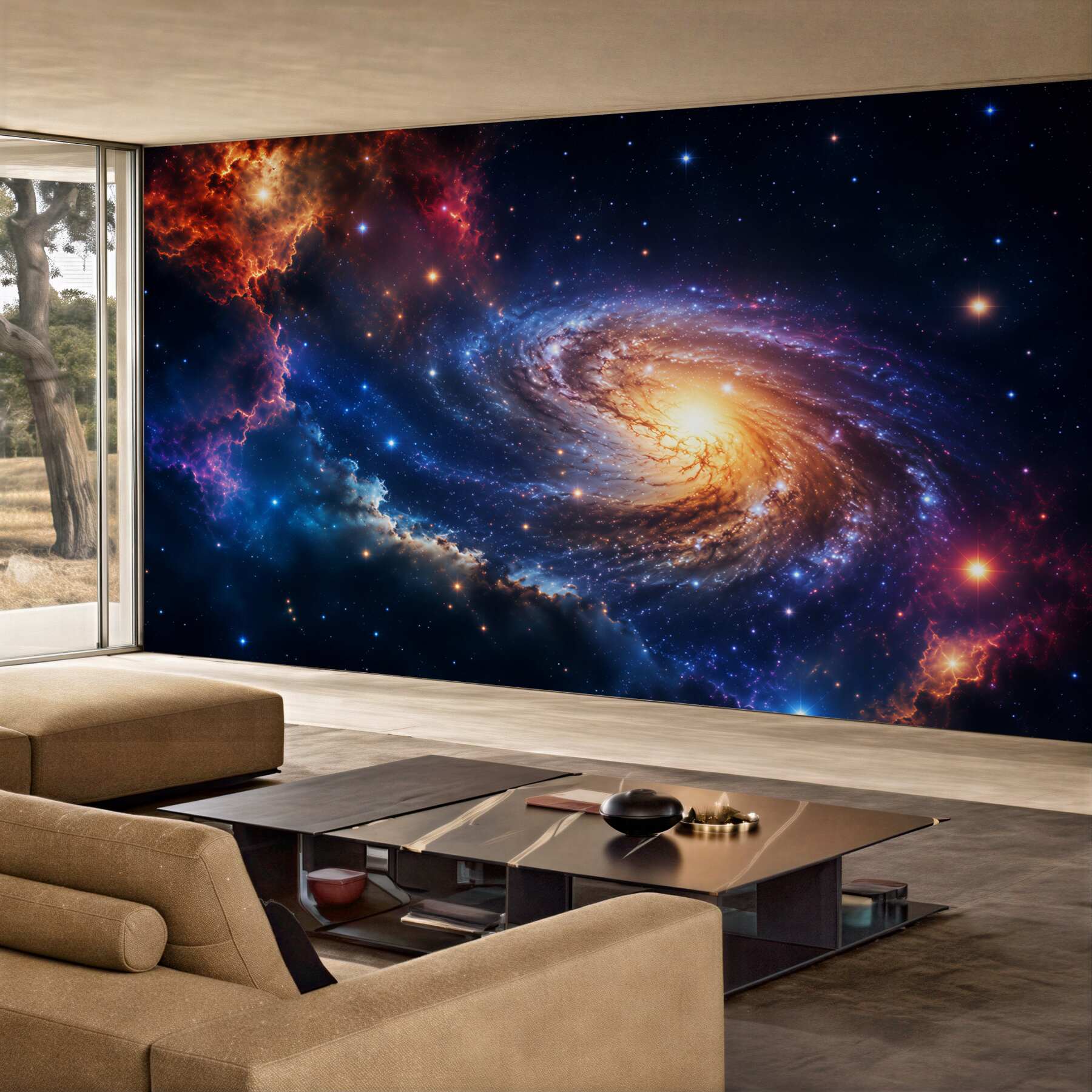 Papier peint galaxie spirale et étoiles dans un cosmos pastel