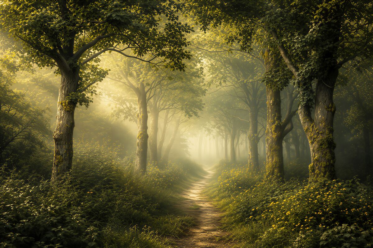 Papier peint chemin forestier dans la brume avec des rayons de soleil, calme et vert