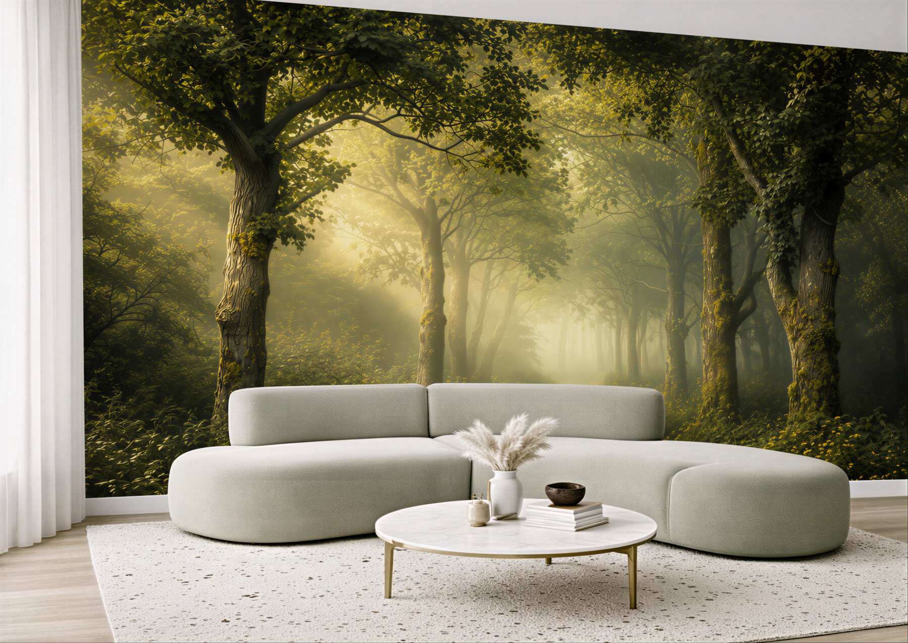 Papier peint chemin forestier dans la brume avec des rayons de soleil, calme et vert