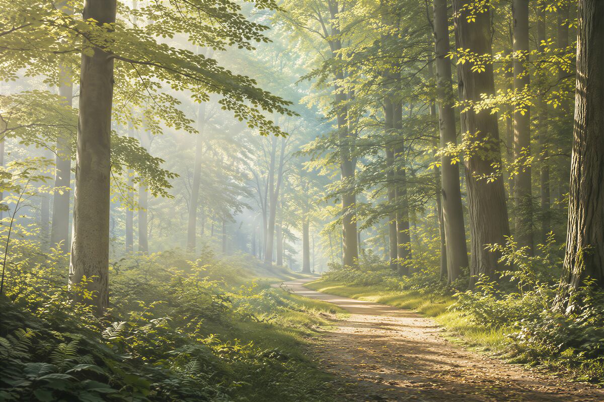 Papier peint Route dans une belle forêt le matin