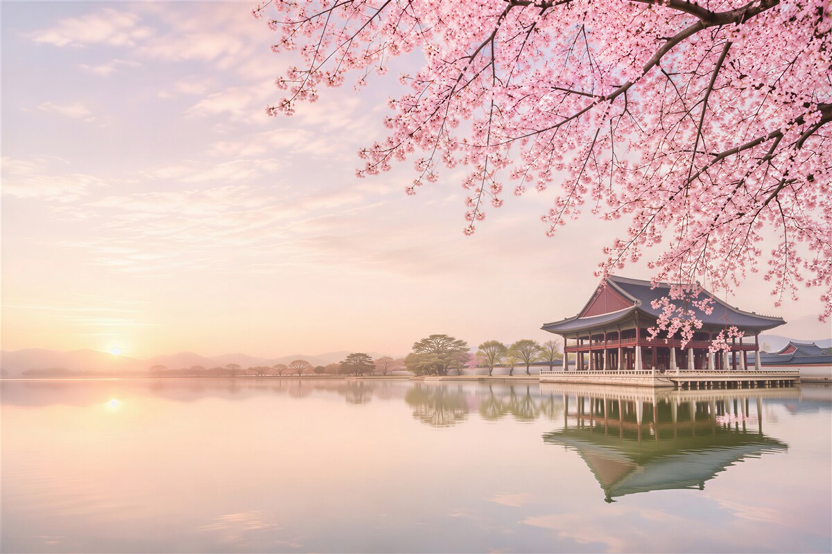 Papier peint Palais Gyeongbokgung avec des cerisiers au printemps à Séoul, Corée du Sud
