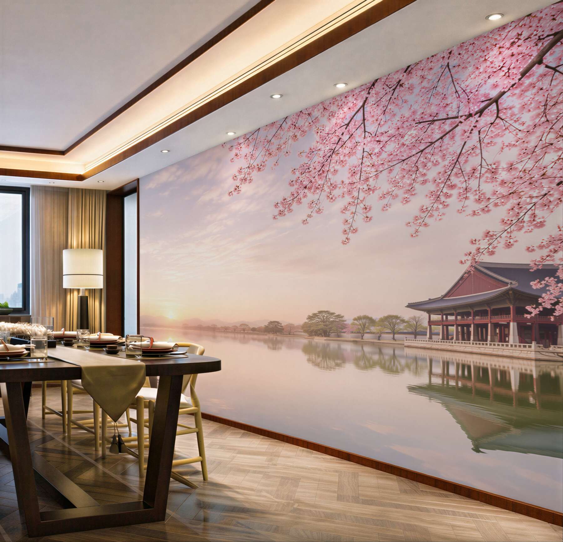 Papier peint Palais Gyeongbokgung avec des cerisiers au printemps à Séoul, Corée du Sud