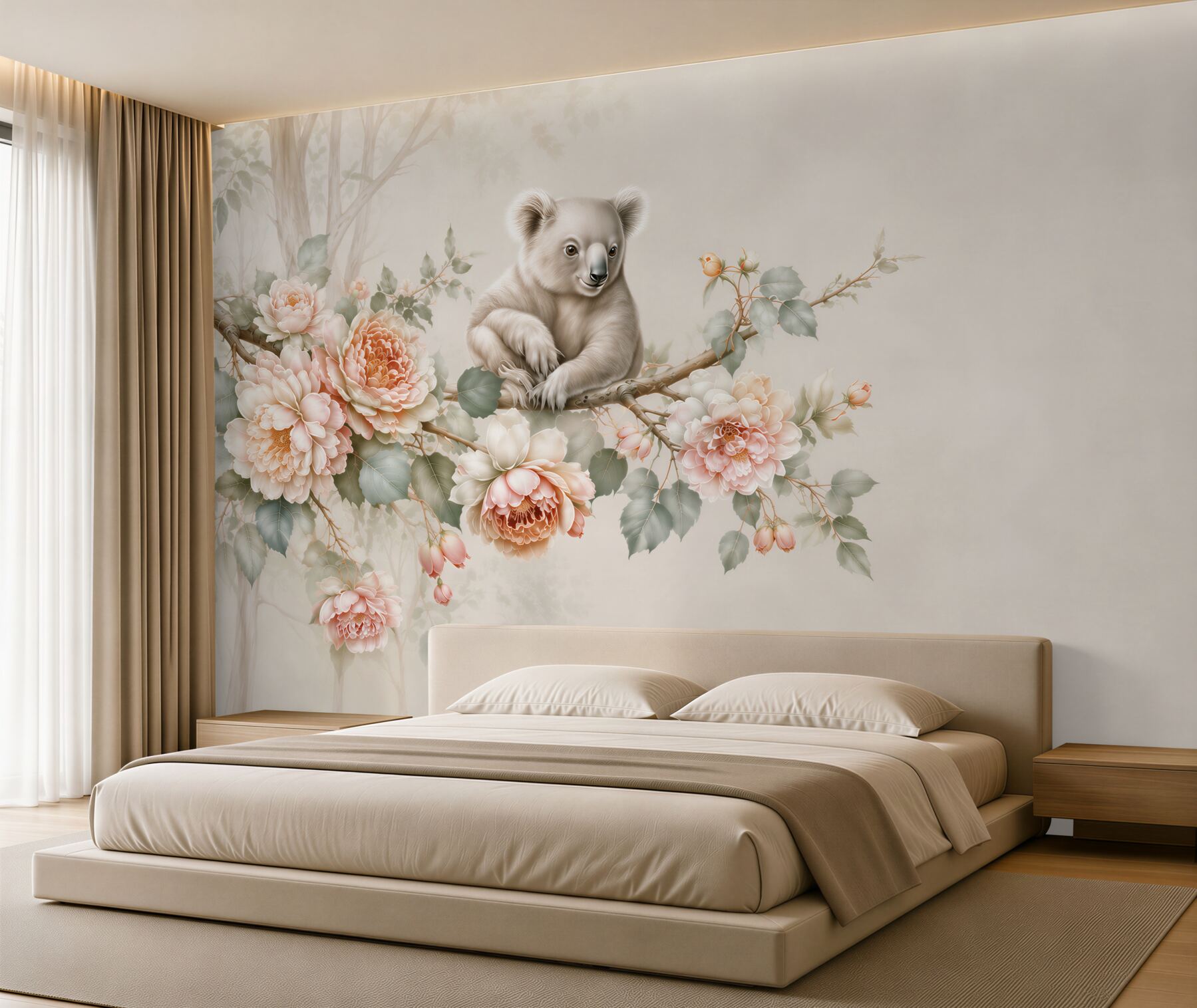 Papier peint koala sur une branche parmi des fleurs pastel pour la chambre d'enfant