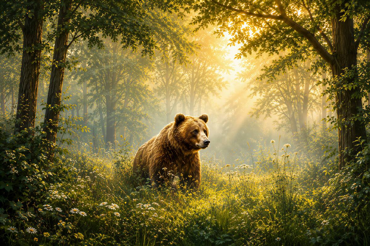 Papier peint ours dans une clairière forestière au matin doré
