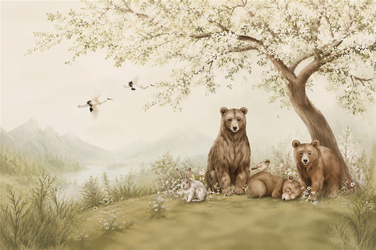 Papier peint ours des bois sous un arbre en fleurs pour enfants