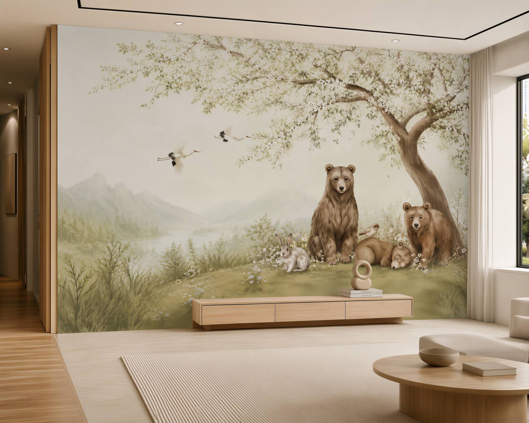 Papier peint ours des bois sous un arbre en fleurs pour enfants