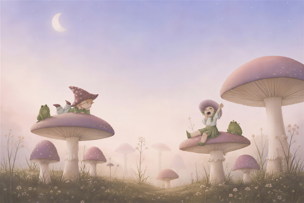 Papier peint Fille assise sur des champignons en bâillant