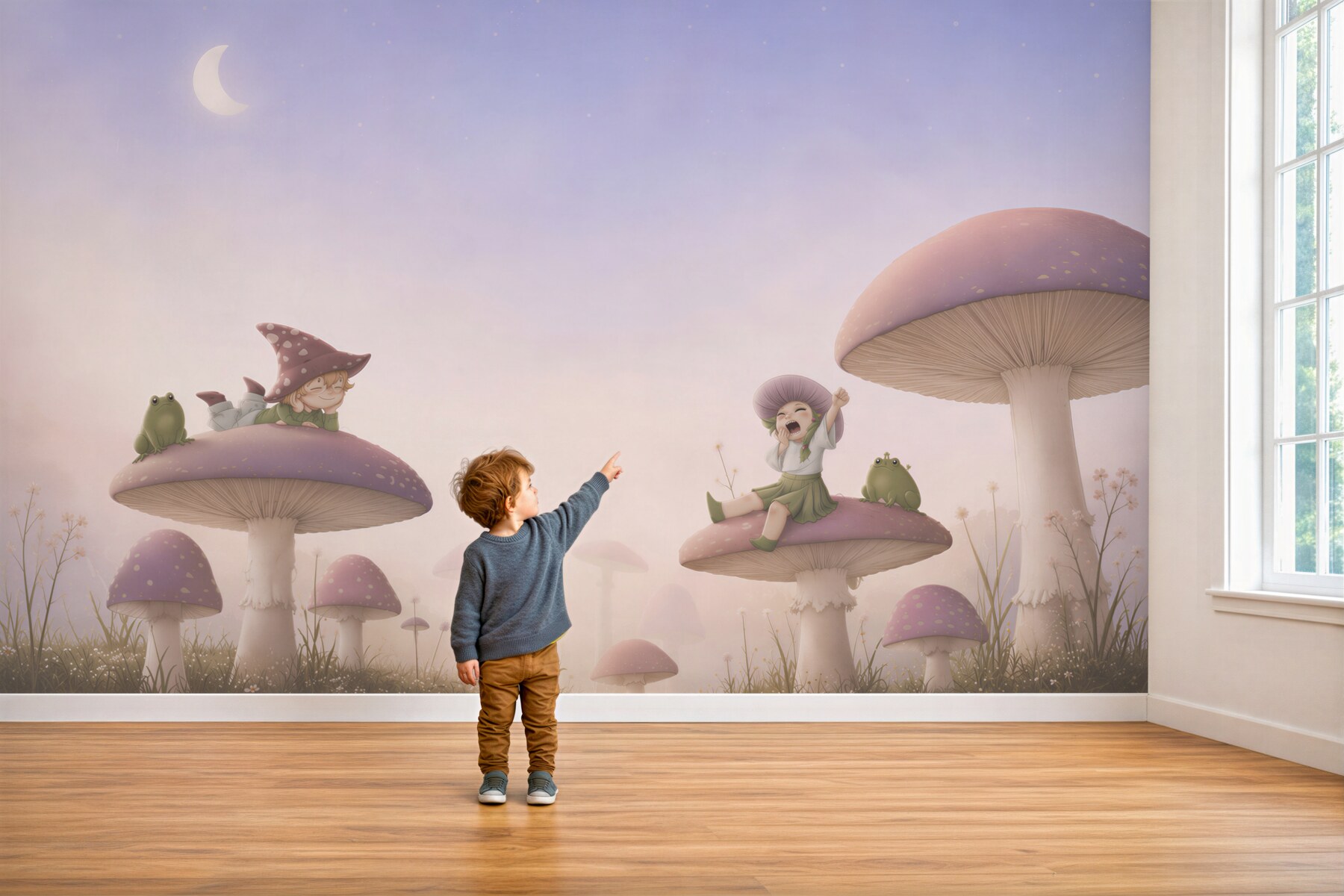 Papier peint Fille assise sur des champignons en bâillant