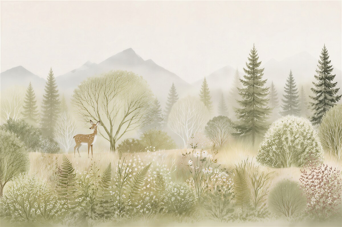 Papier peint Clairière forestière avec un faon et des montagnes en pastels