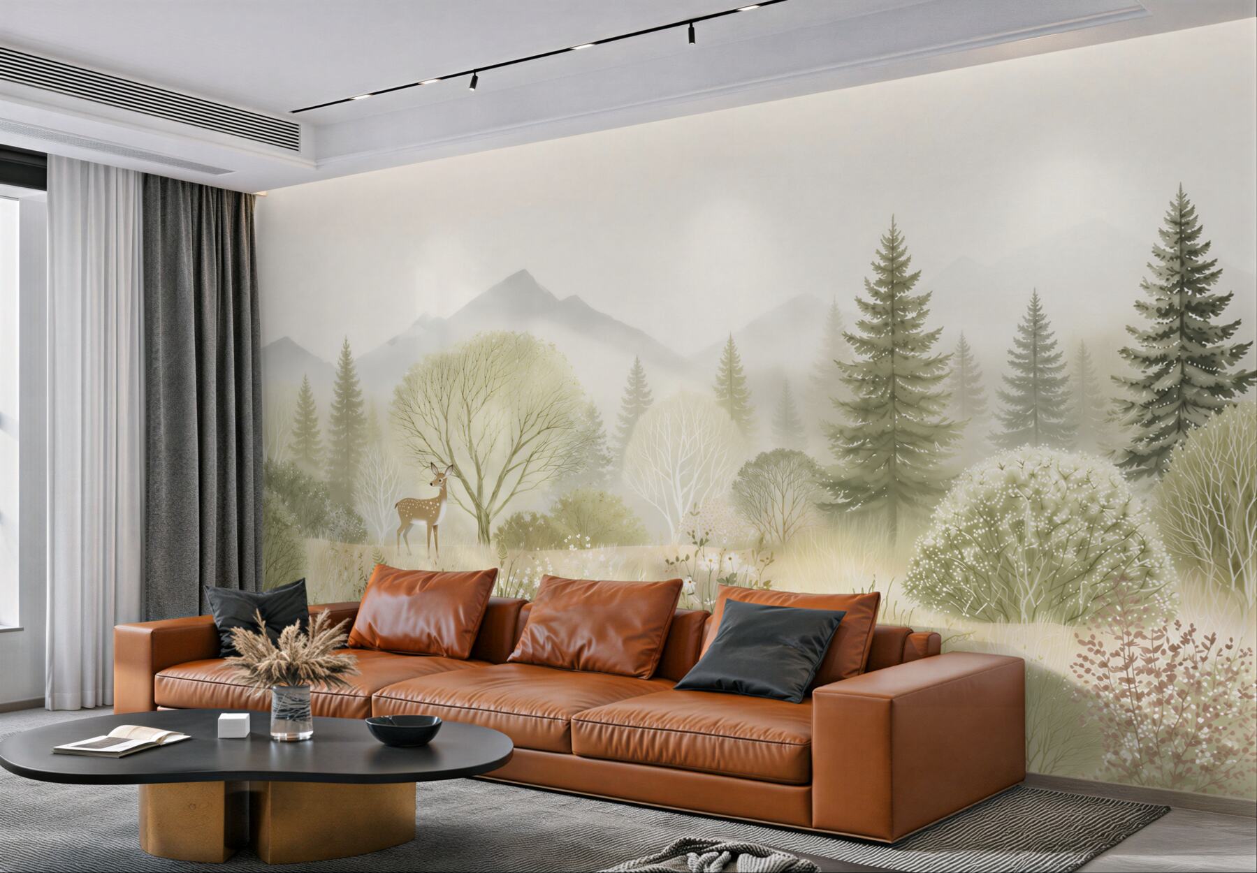 Papier peint Clairière forestière avec un faon et des montagnes en pastels