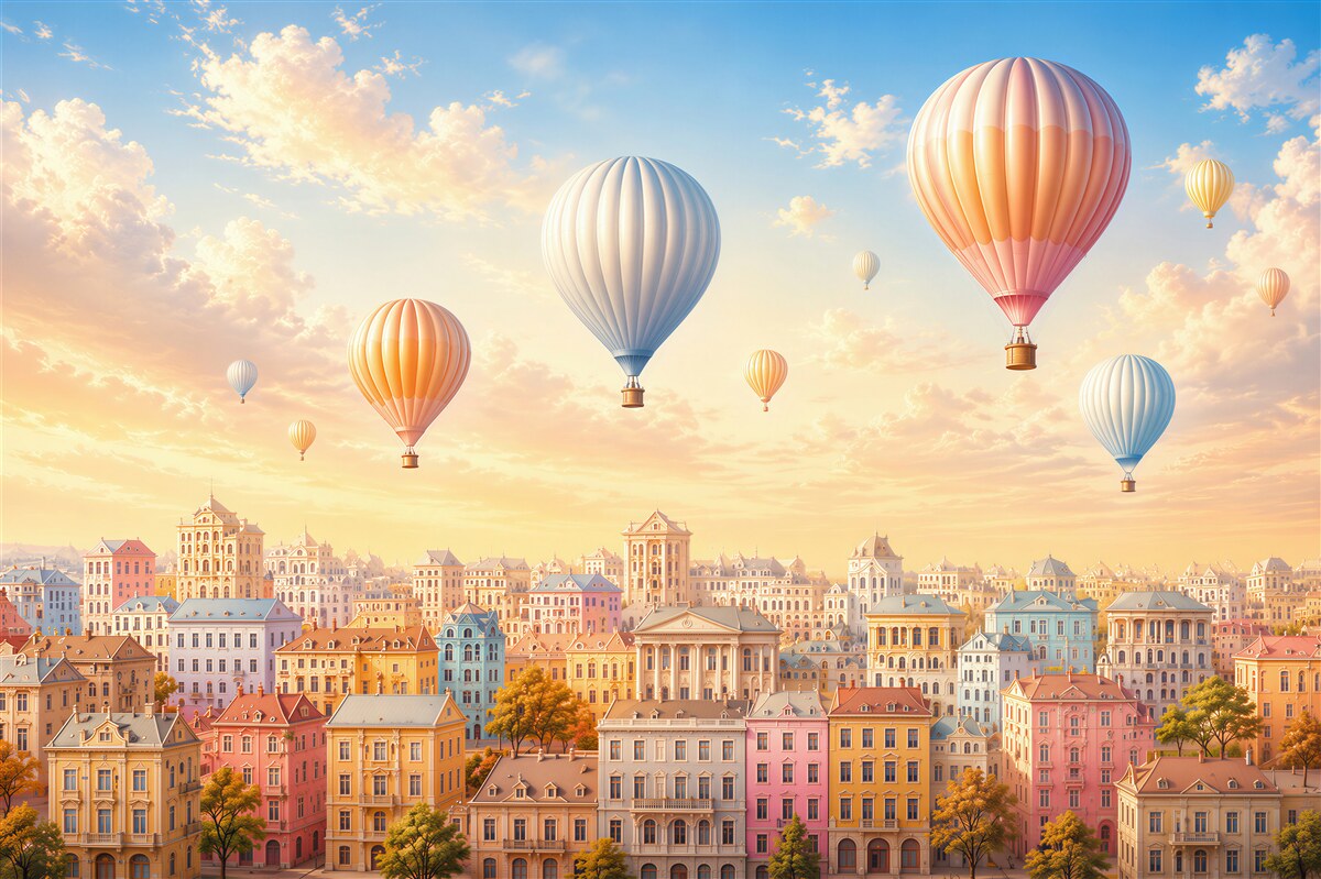 Papier peint ballons pastel au-dessus d'une ville féerique au coucher du soleil