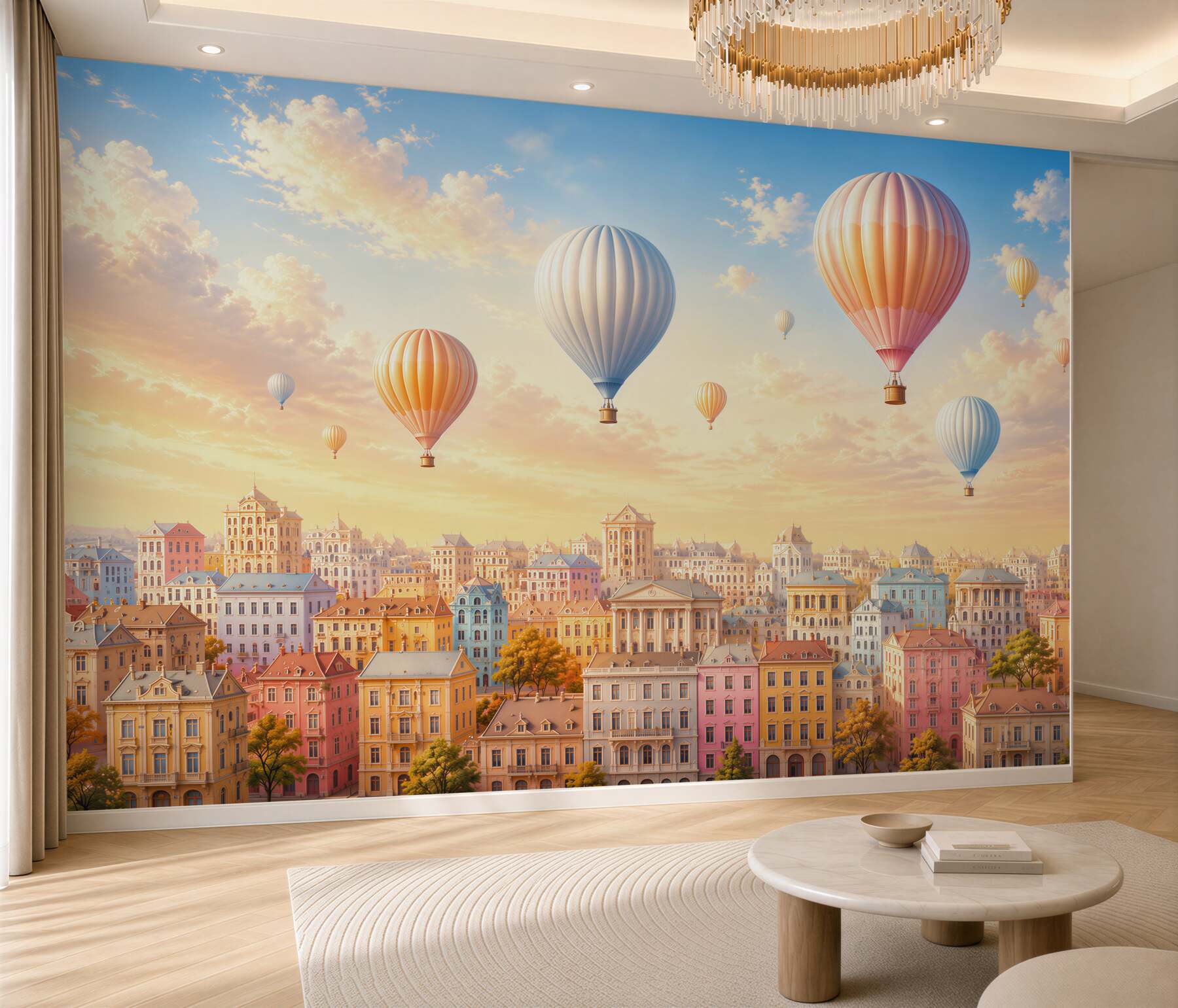 Papier peint ballons pastel au-dessus d'une ville féerique au coucher du soleil