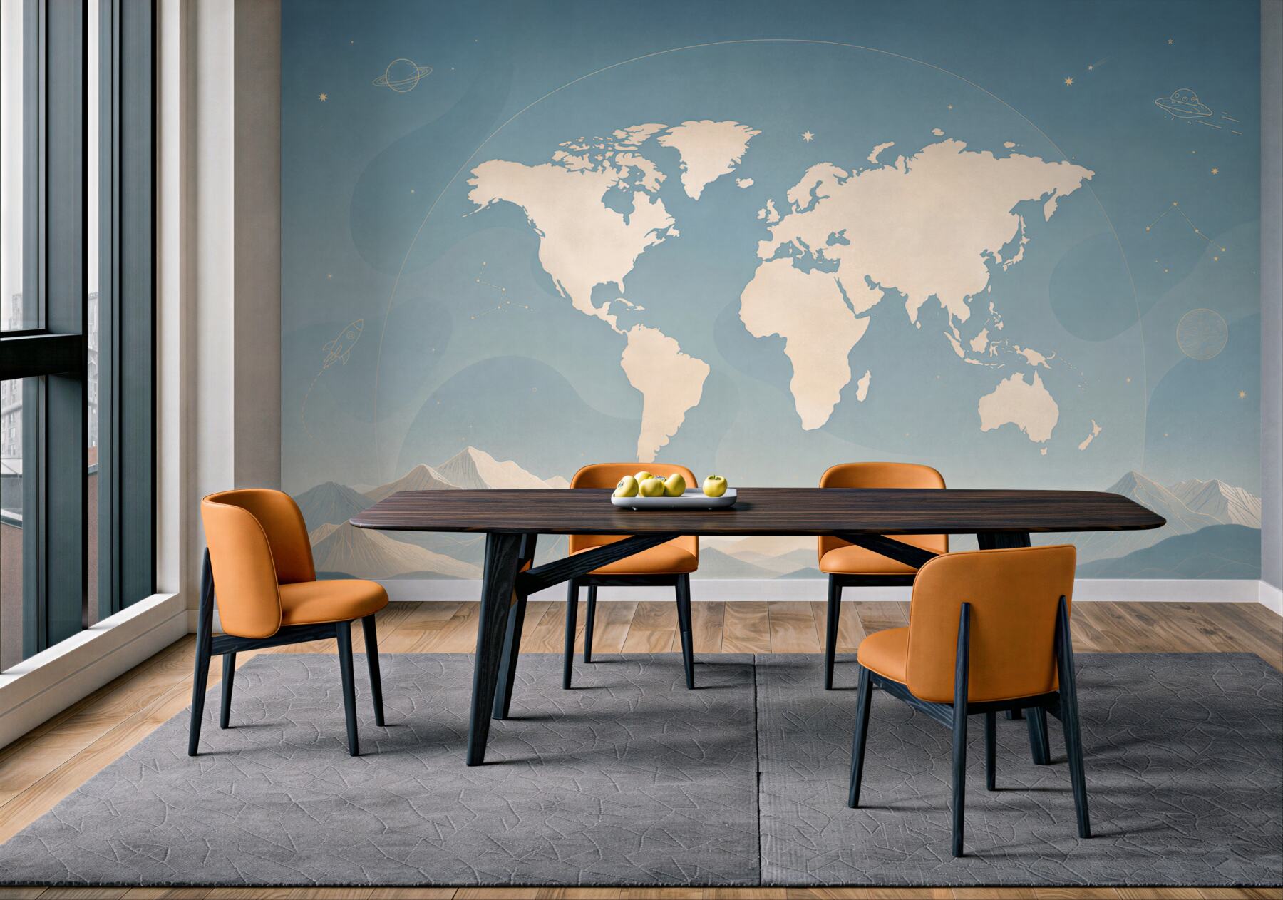 Papier peint carte du monde dans un style spatial avec des montagnes pour enfants