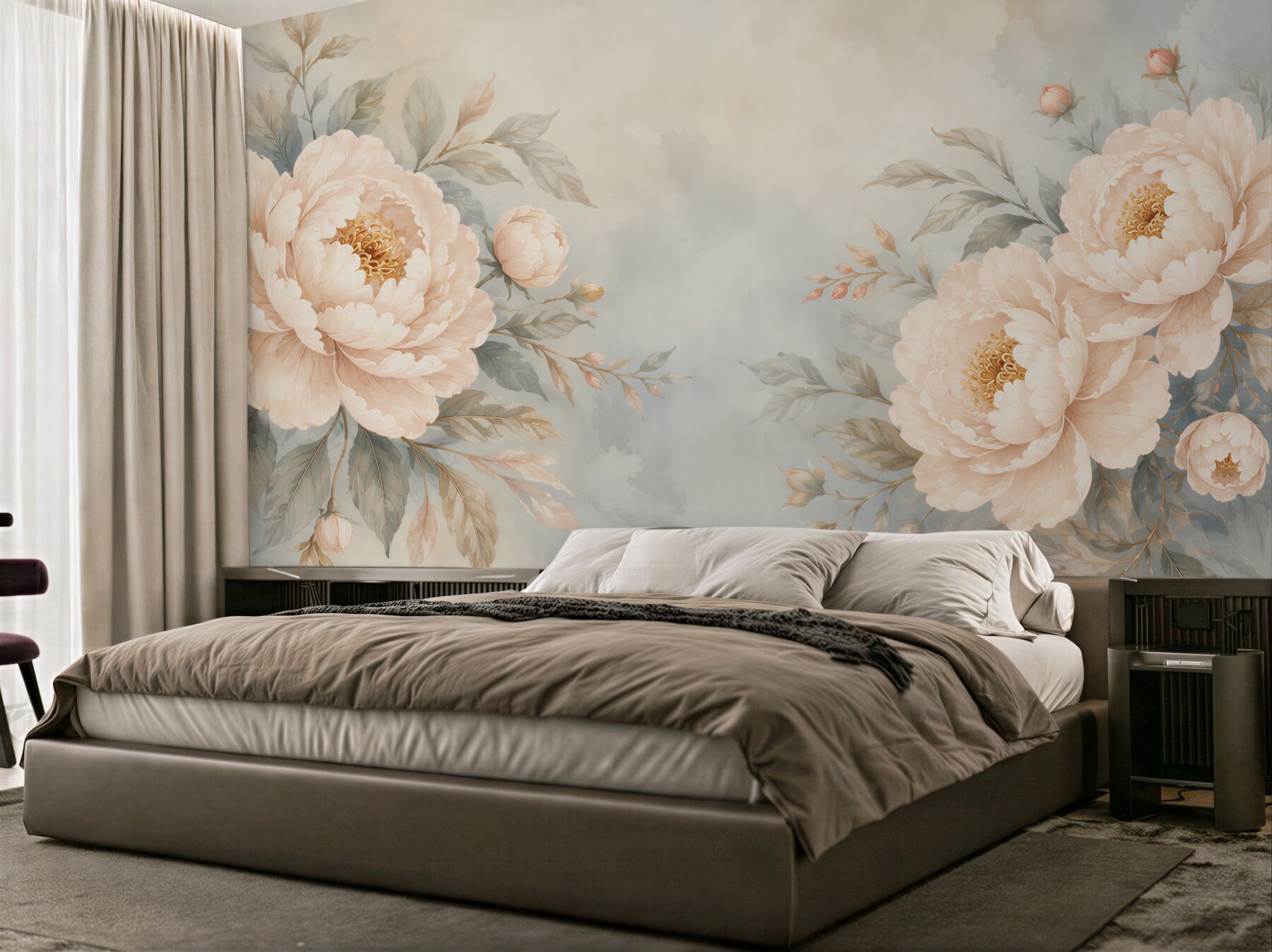 Papier peint fleurs pivoines crème sur fond pastel élégant