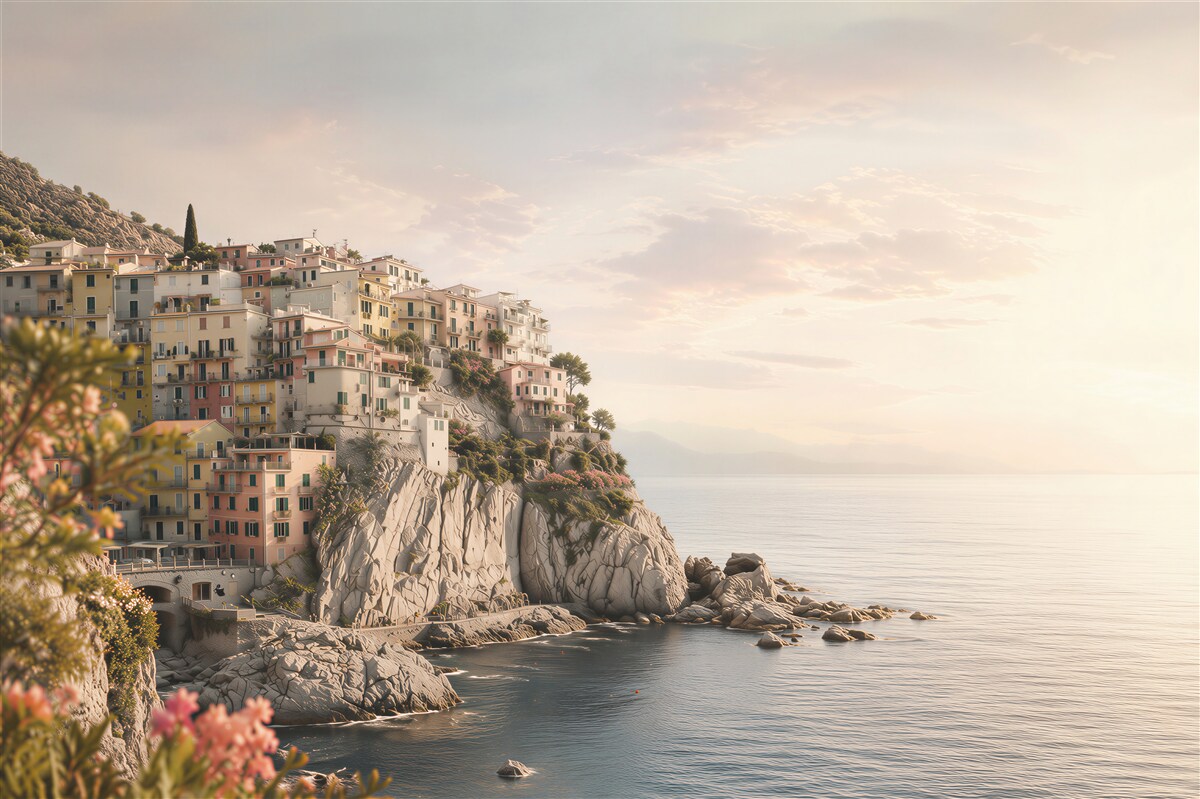 Papier peint village côtier sur la falaise au coucher du soleil pastel