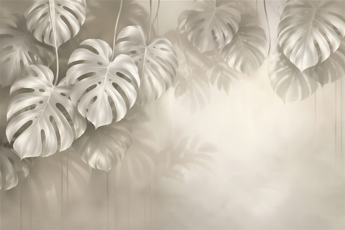 Papier peint feuilles de monstera beiges avec une douce lumière