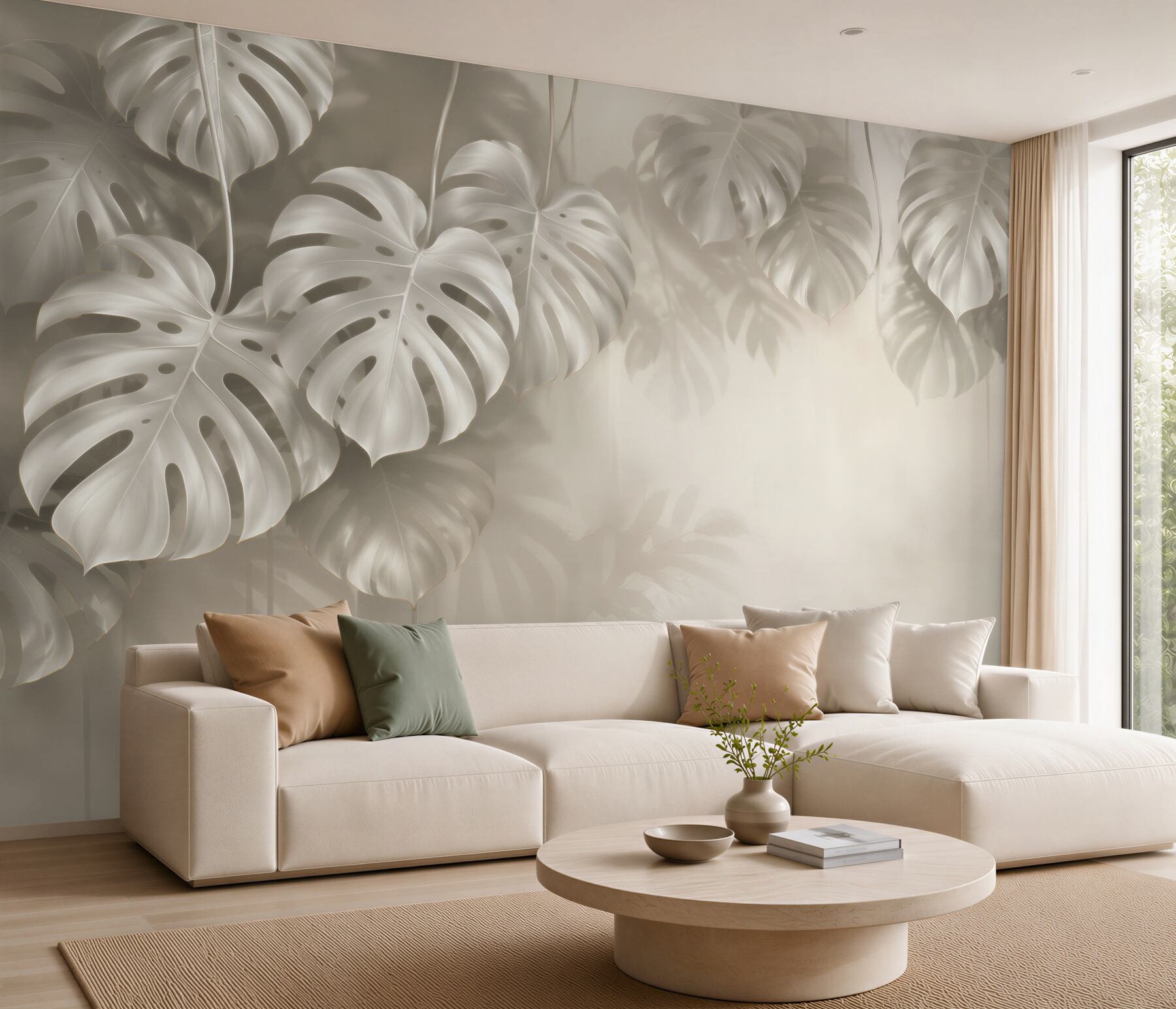 Papier peint feuilles de monstera beiges avec une douce lumière