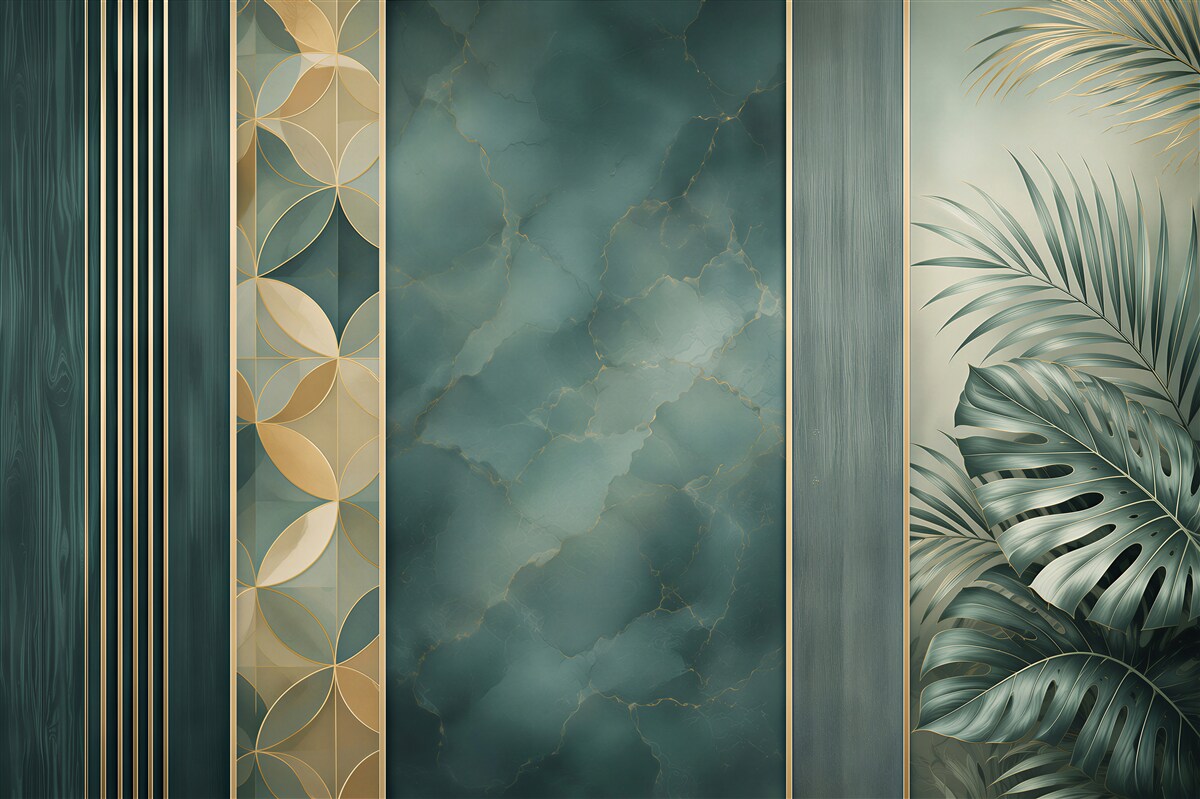 Papier peint marbre vert avec accents dorés et feuilles tropicales art déco