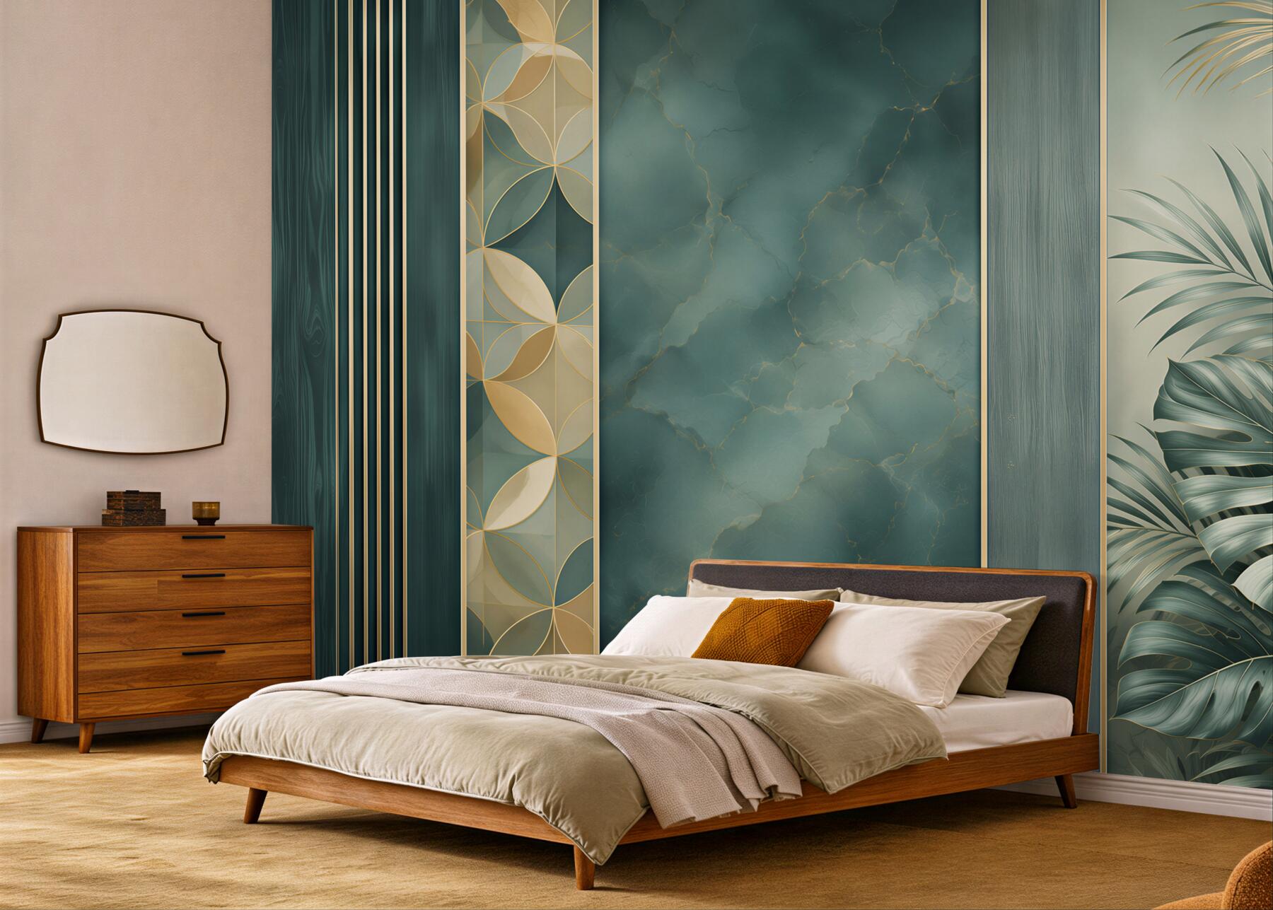 Papier peint marbre vert avec accents dorés et feuilles tropicales art déco