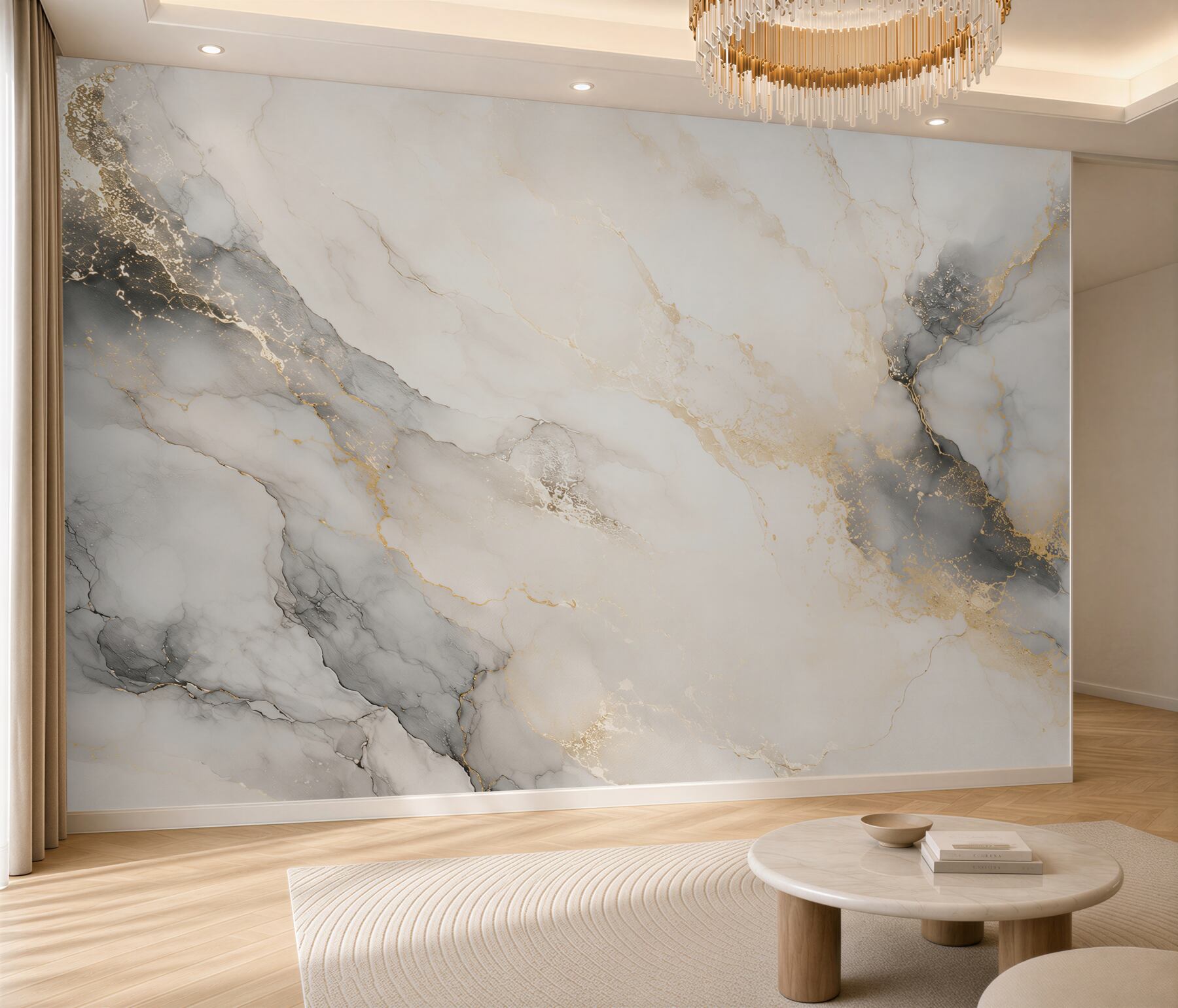 Papier peint marbre blanc gris et doré élégant pour un salon moderne