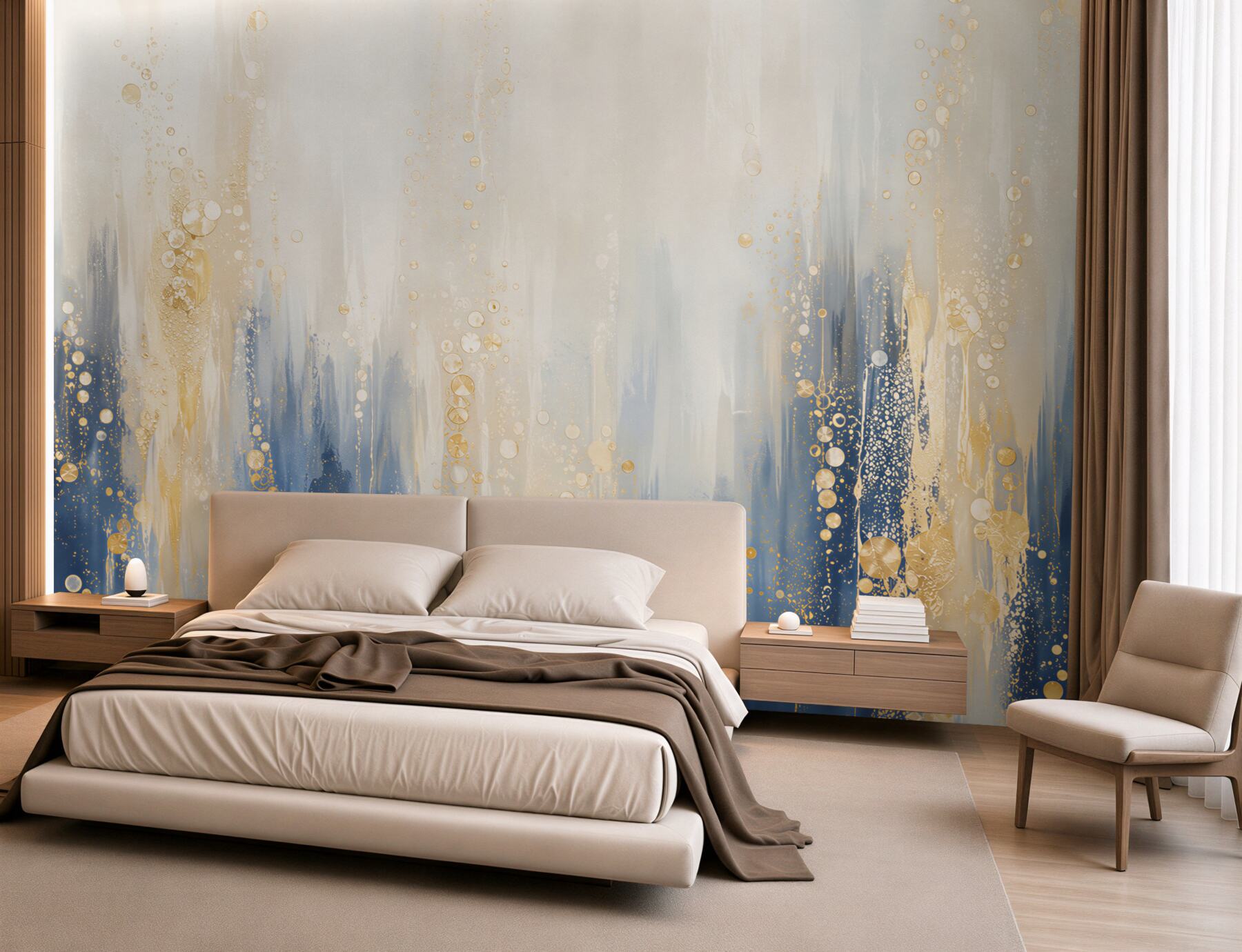 Papier peint abstraction bleu et blanc avec détails dorés pour un intérieur élégant