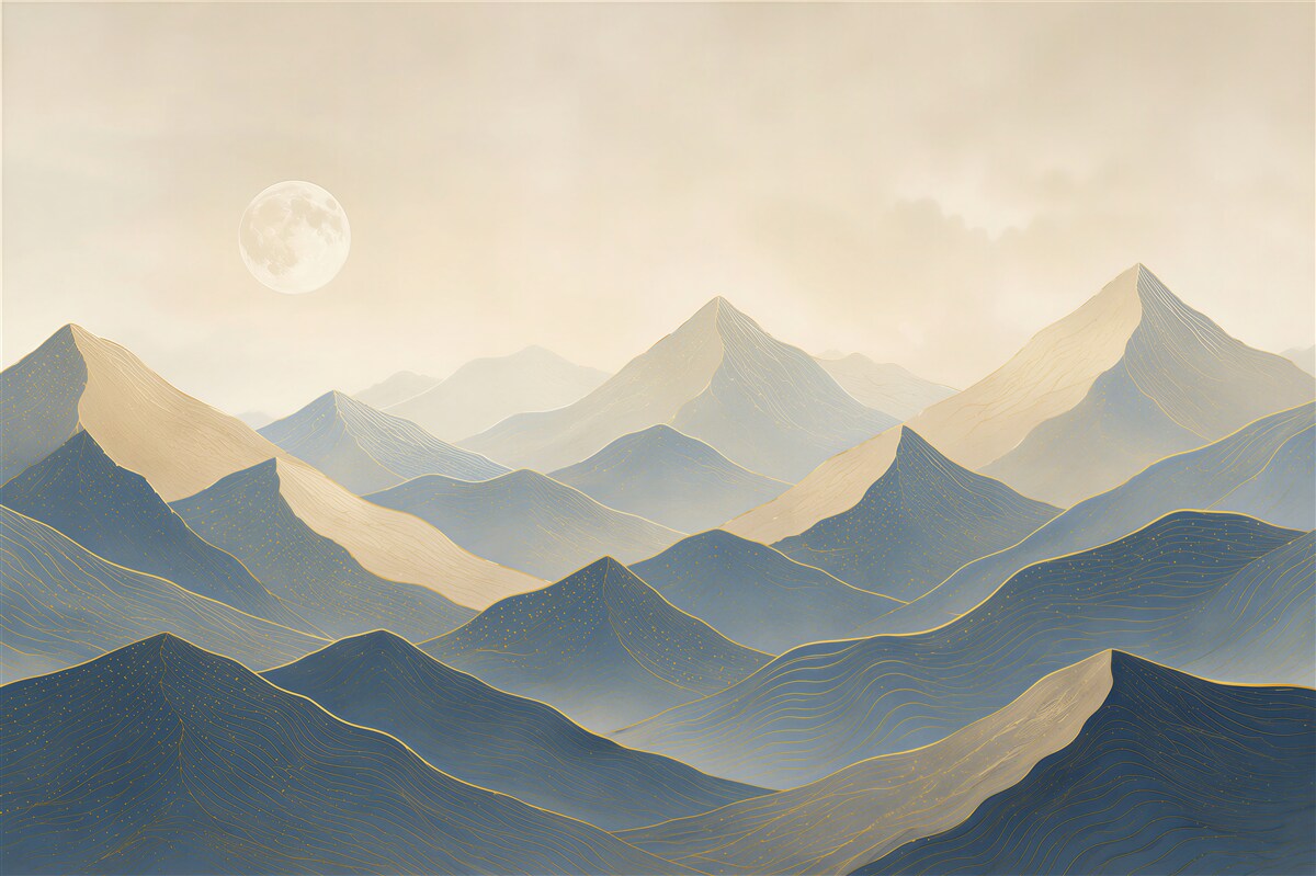 Papier peint paysage de montagne dans le brouillard avec la lune dans des tons beige et bleu