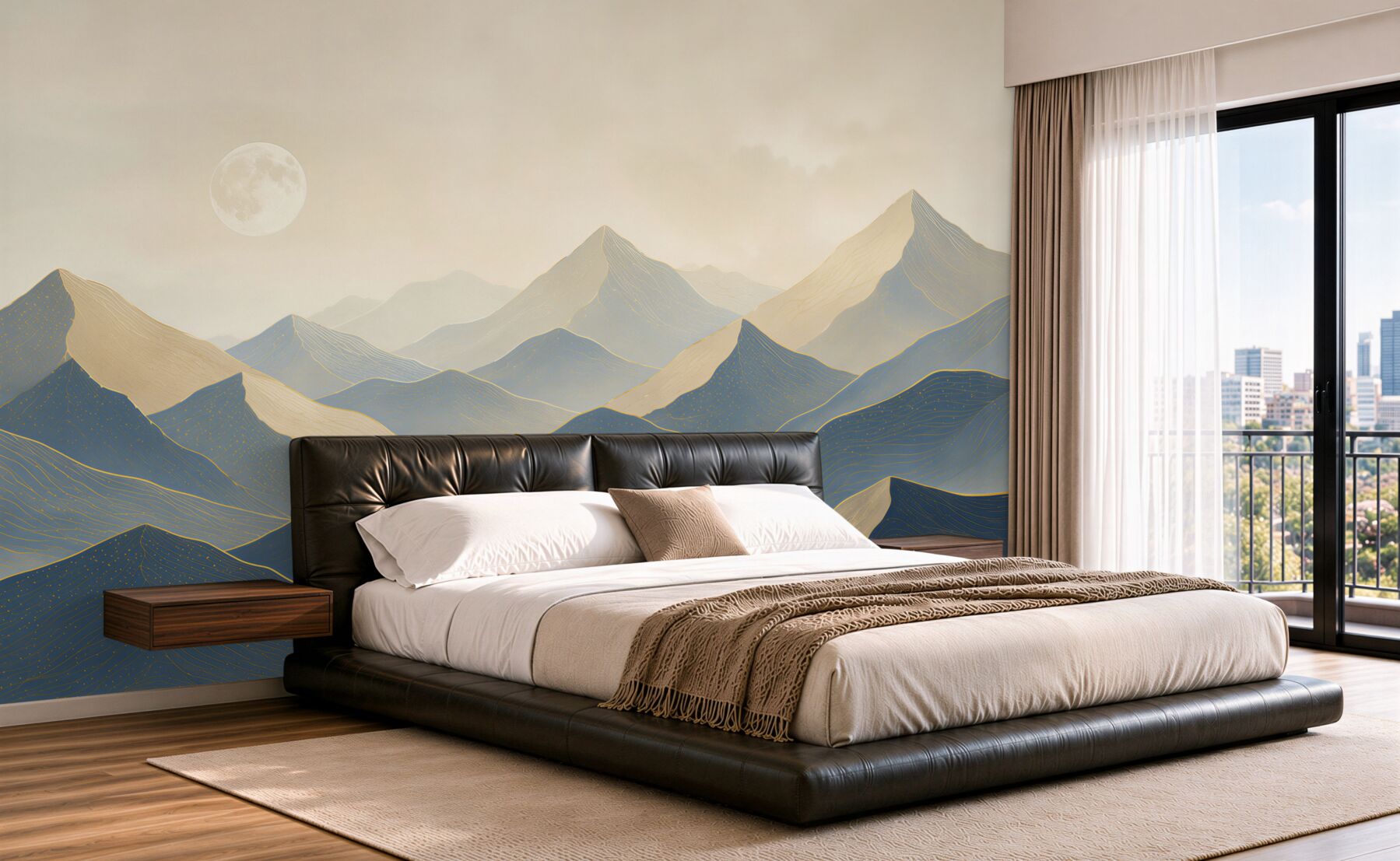 Papier peint paysage de montagne dans le brouillard avec la lune dans des tons beige et bleu