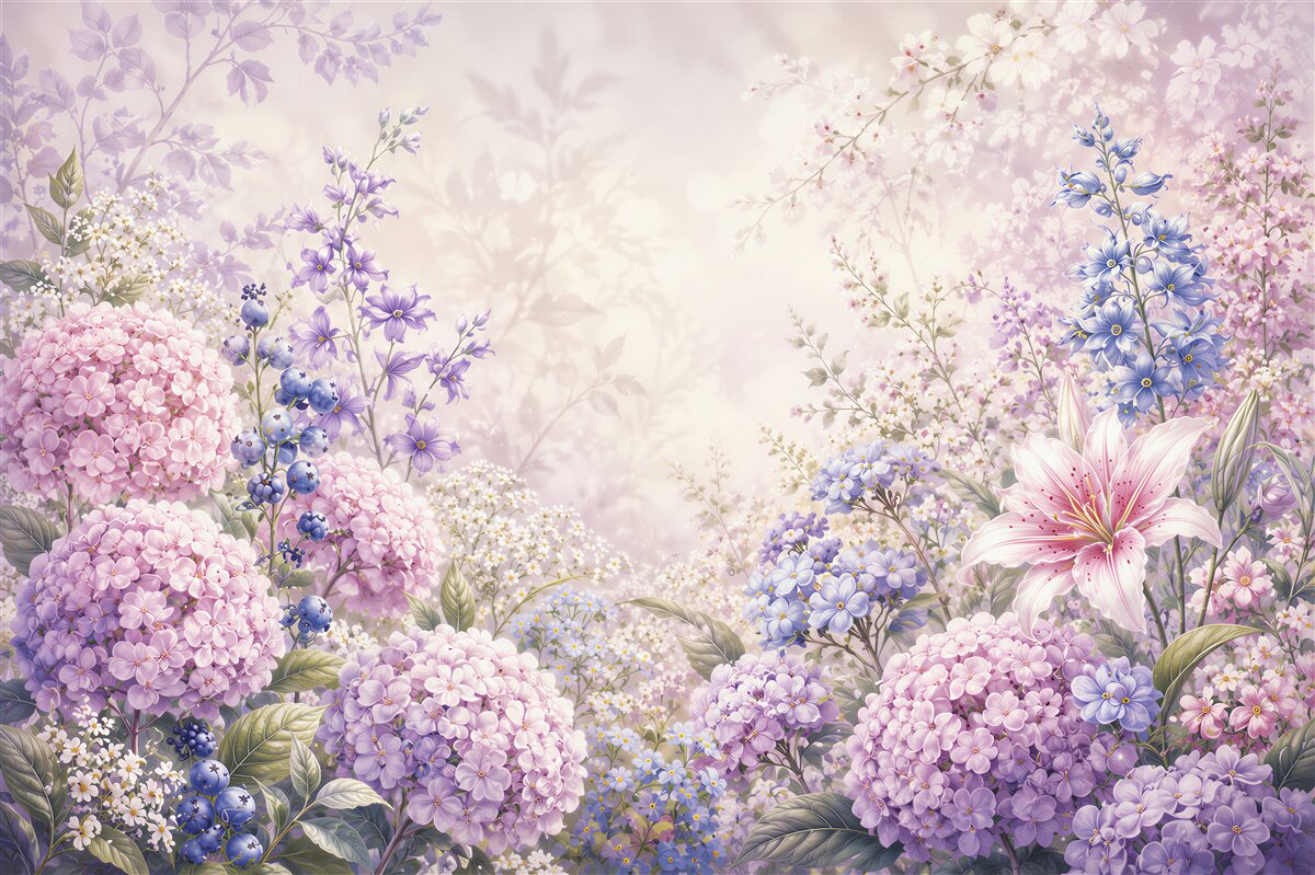 Papier peint fleurs pastel hortensias et lys romantiques dans des teintes de rose et violet