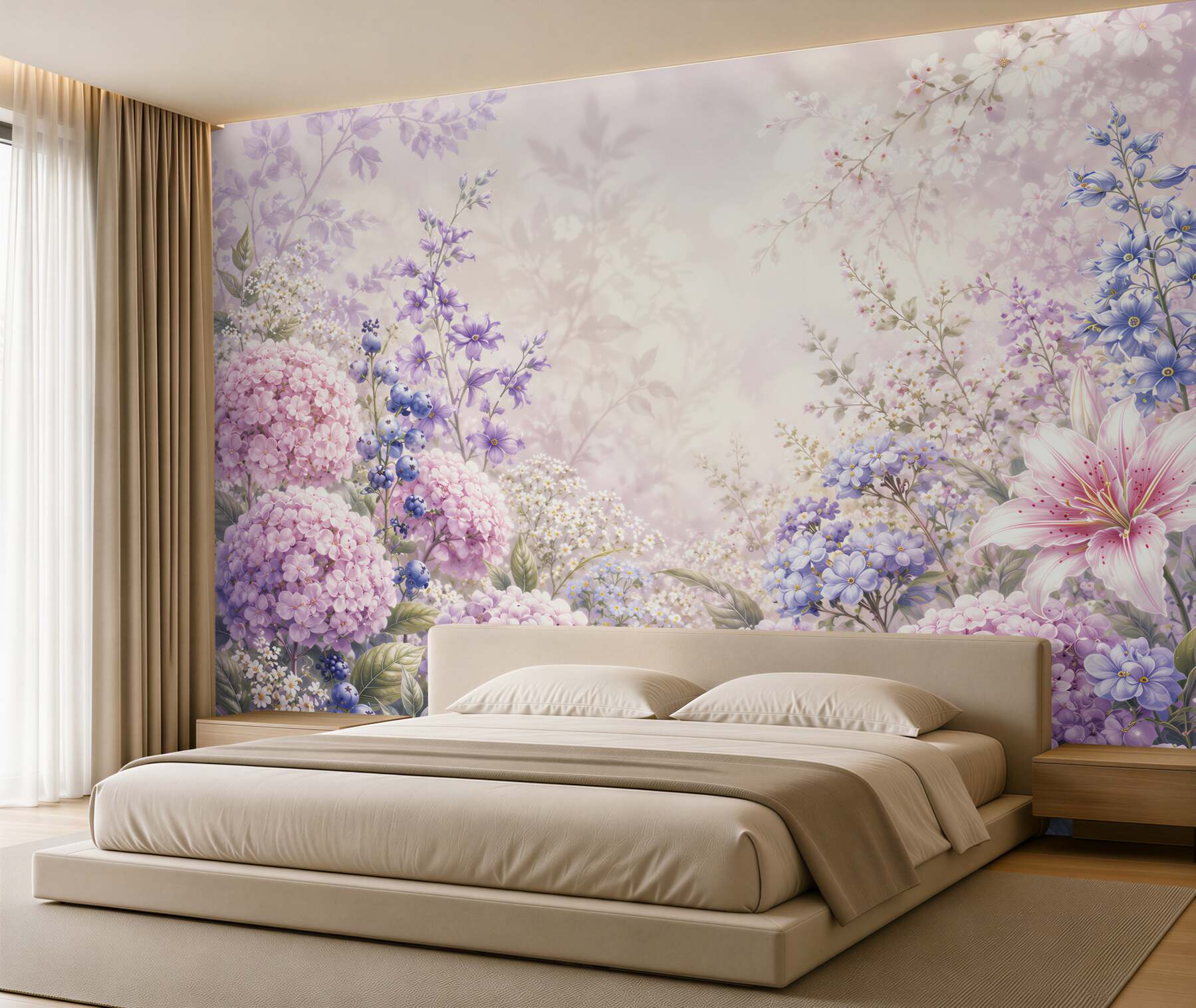 Papier peint fleurs pastel hortensias et lys romantiques dans des teintes de rose et violet
