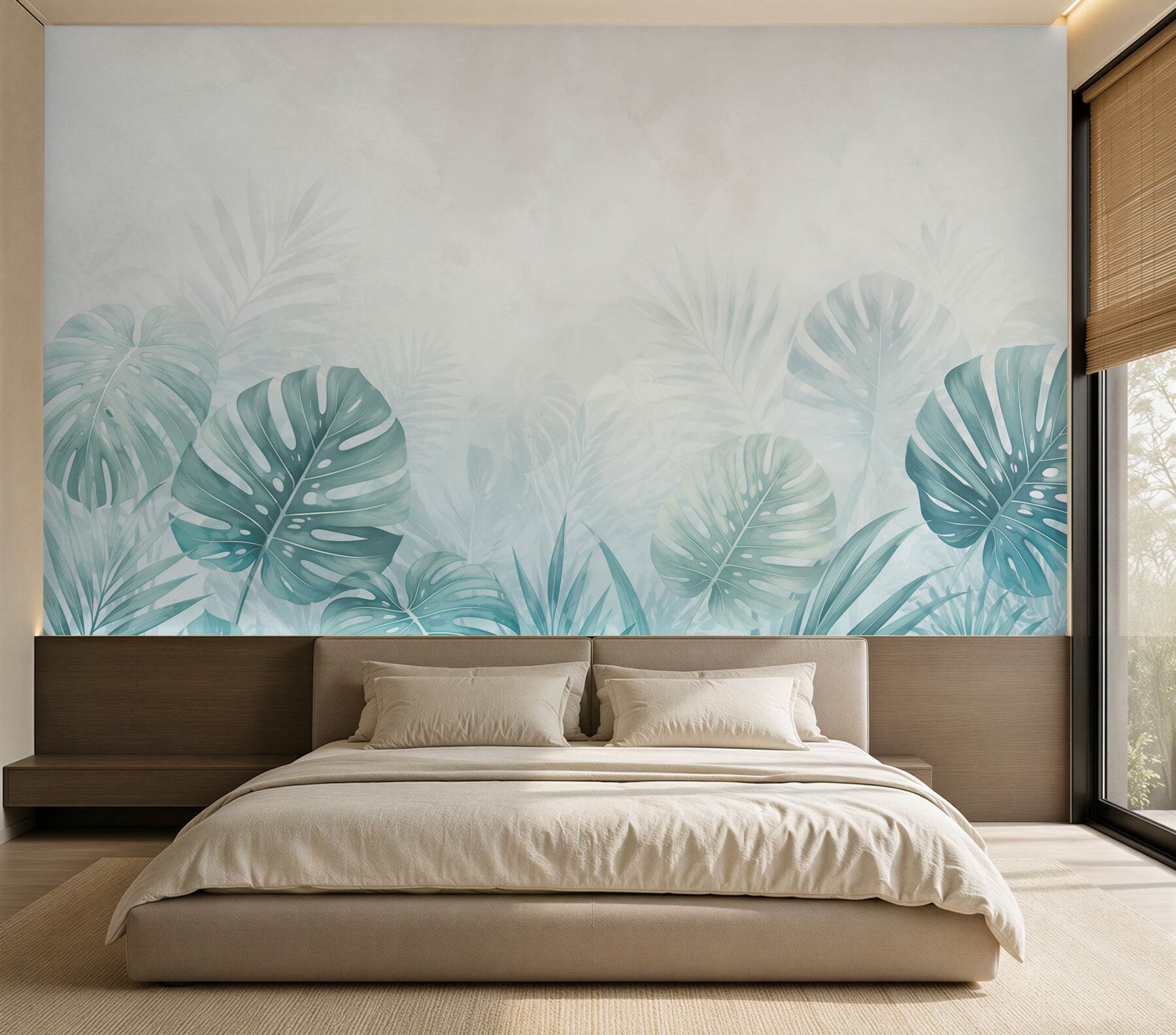 Papier peint feuilles de monstera turquoise dans un style tropical