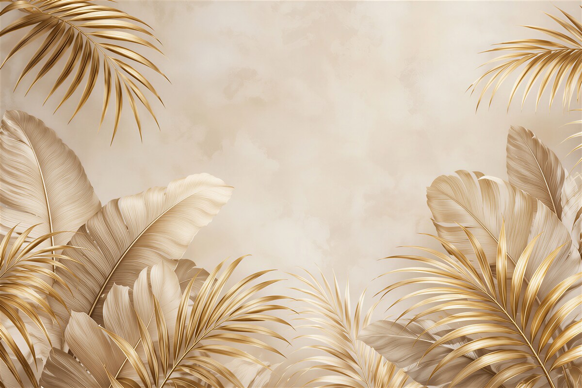 Papier peint feuilles tropicales dorées sur fond beige élégance glamour