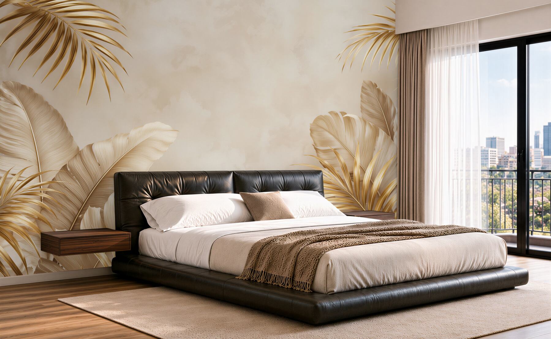 Papier peint feuilles tropicales dorées sur fond beige élégance glamour