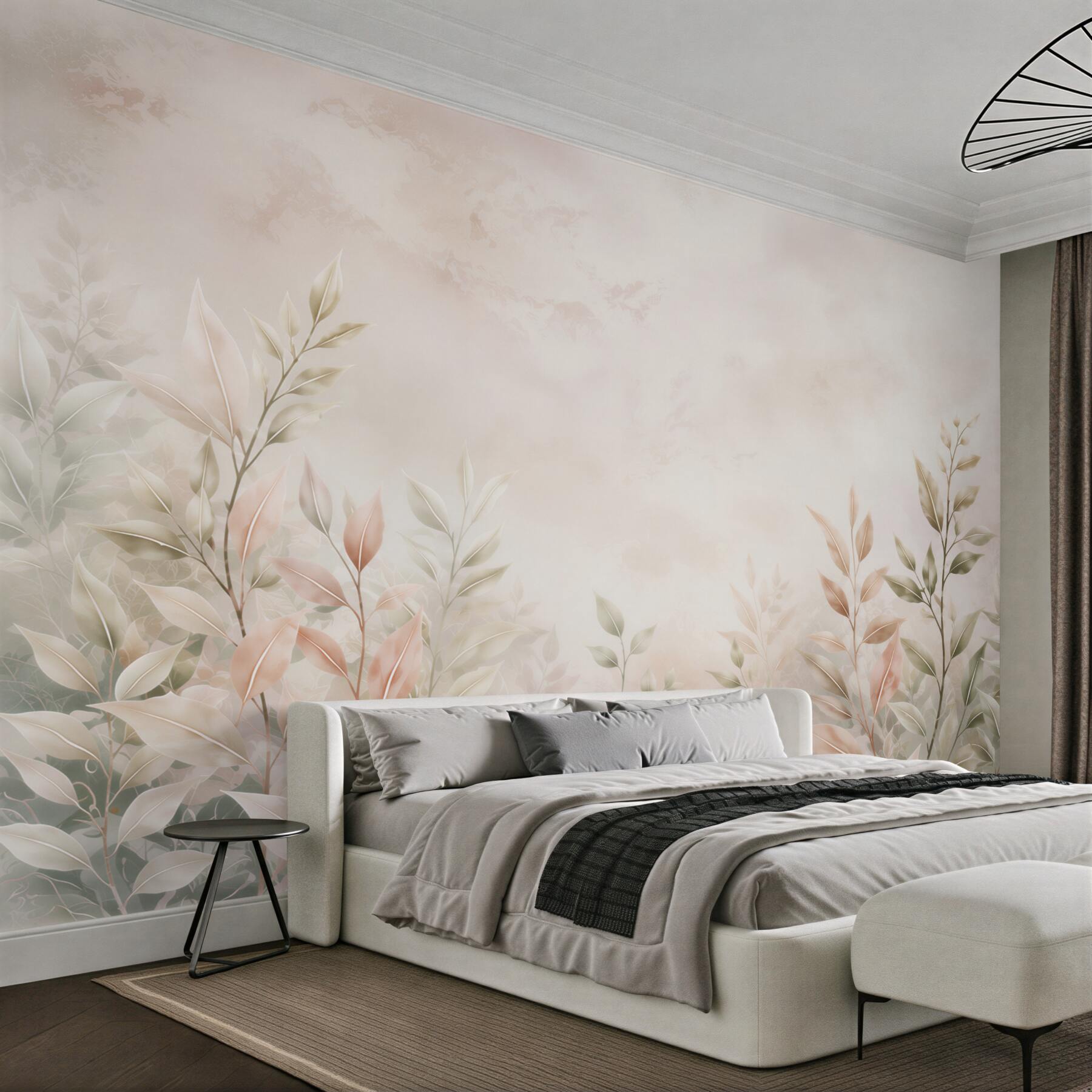 Papier peint feuilles délicates pastel beige-rosé pour la chambre