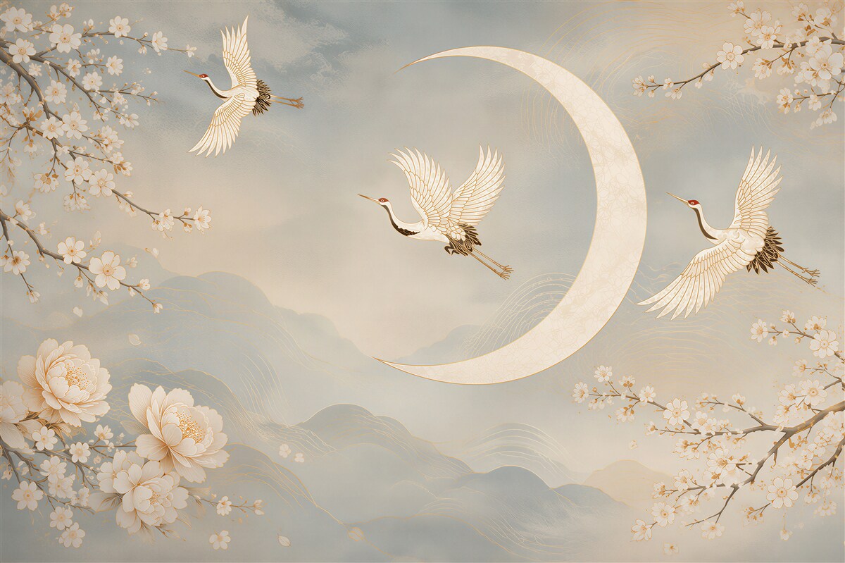 Papier peint grues et fleurs de cerisier avec la lune dans un style oriental