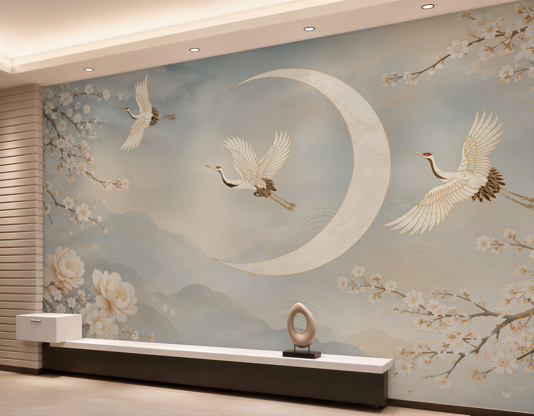 Papier peint grues et fleurs de cerisier avec la lune dans un style oriental