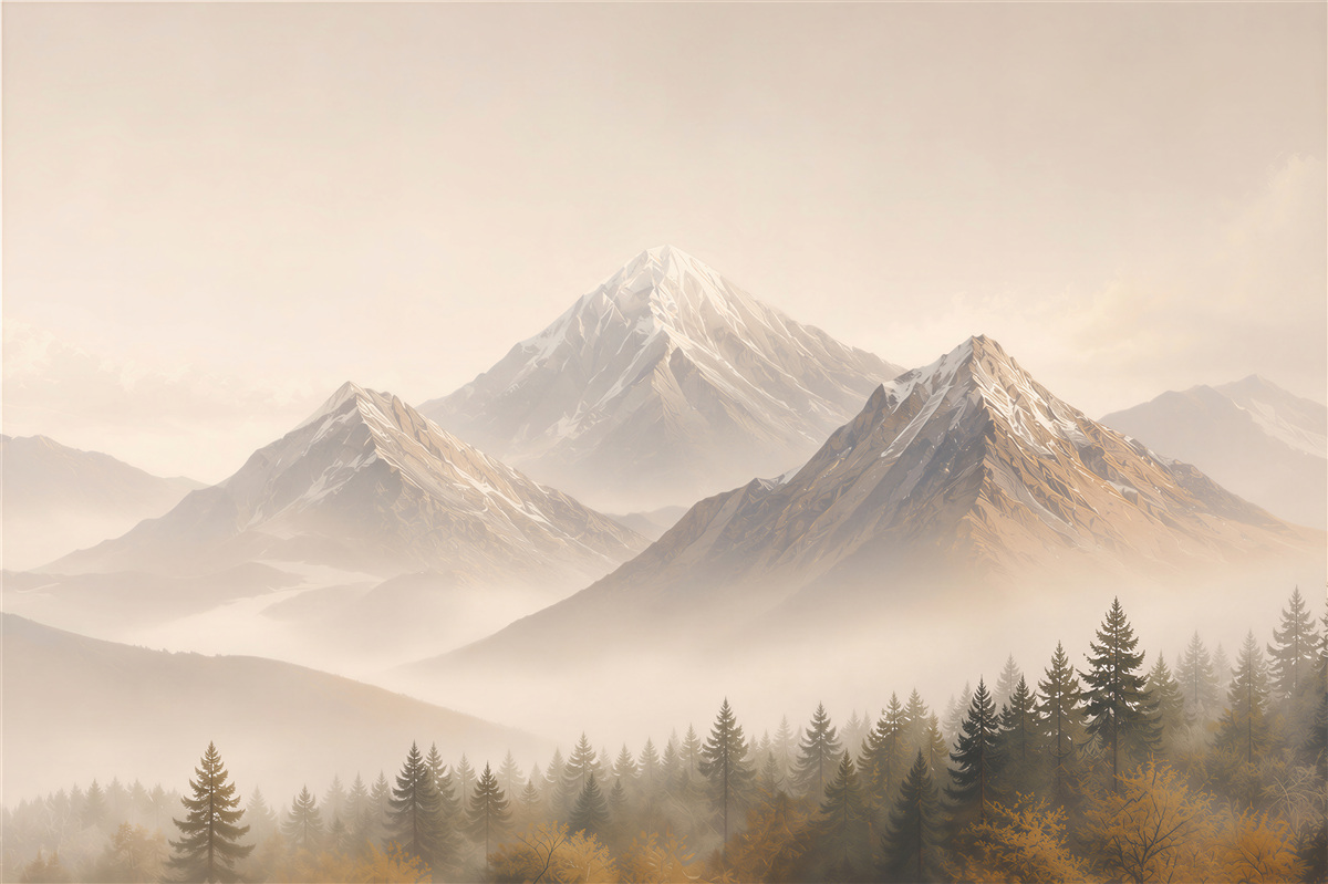 Papier peint montagnes dans le brouillard avec une forêt de conifères dans des tons beiges
