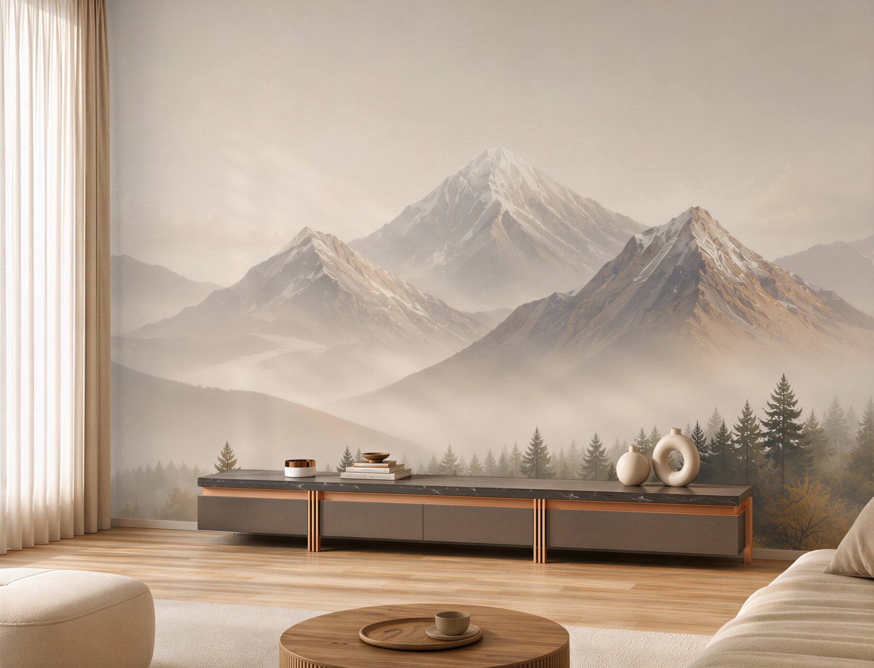 Papier peint montagnes dans le brouillard avec une forêt de conifères dans des tons beiges