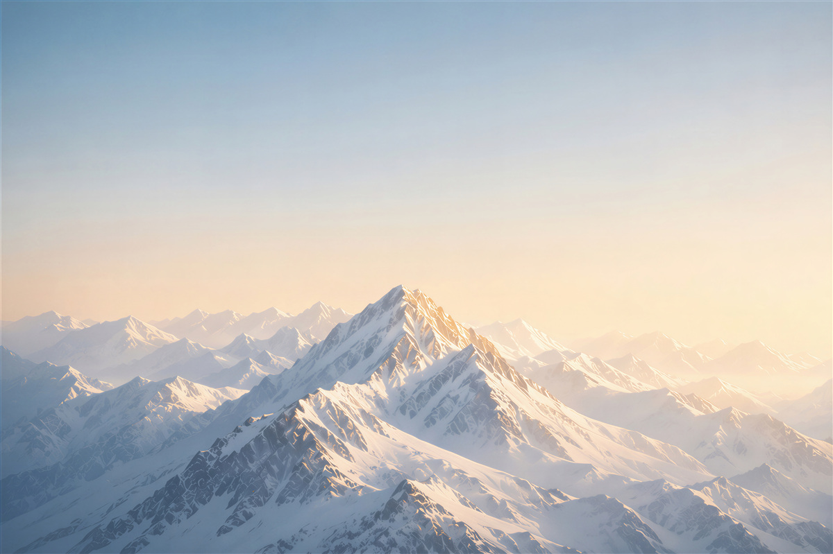 Papier peint montagnes enneigées au lever du soleil dans des bleus clairs