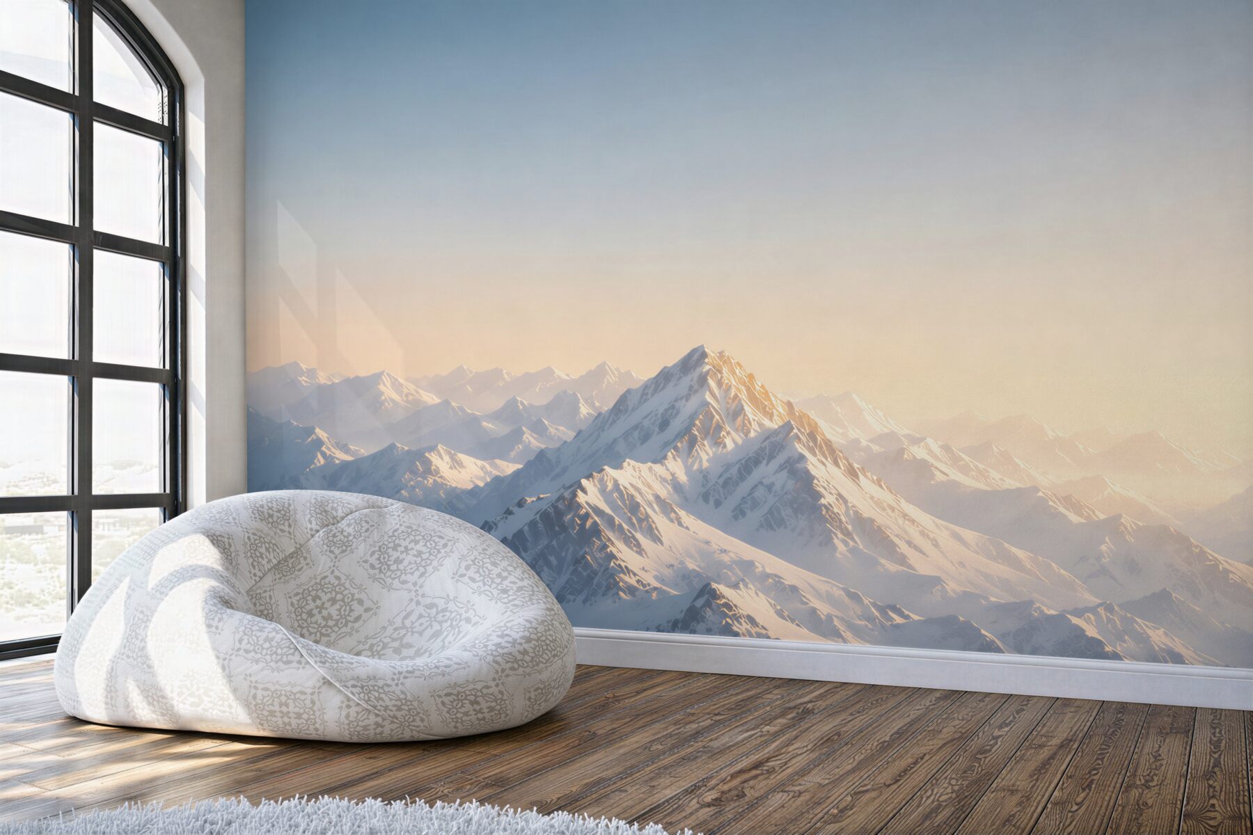 Papier peint montagnes enneigées au lever du soleil dans des bleus clairs