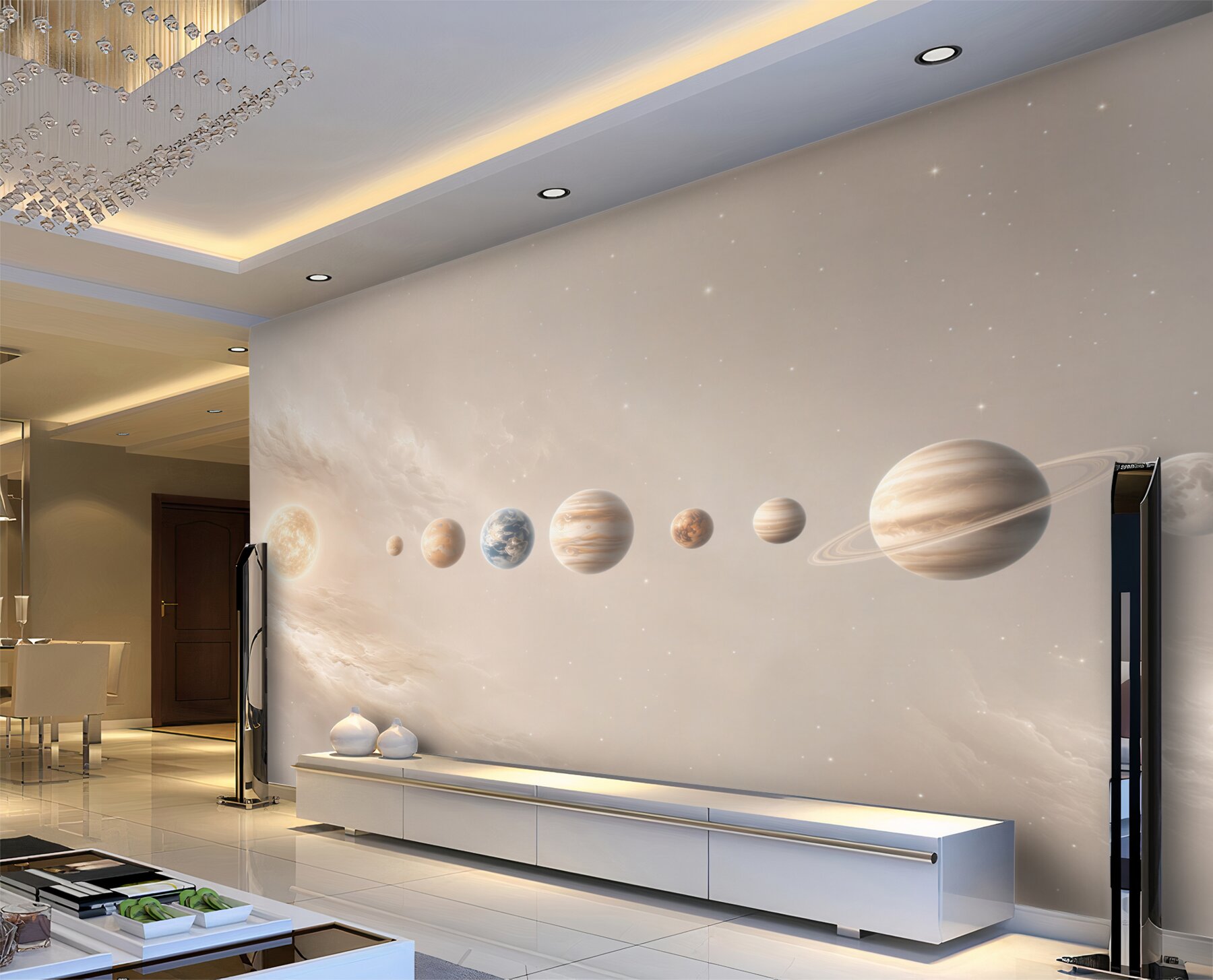 Papier peint système solaire dans l'espace beige pour la chambre d'enfant